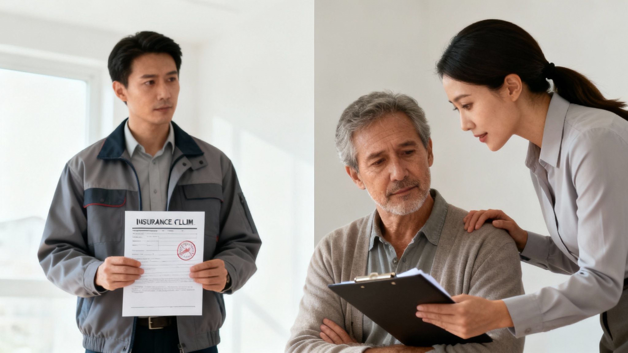 A public adjuster reviewing homeowner claim documents with a client. public adjuster vs insurance adjuster