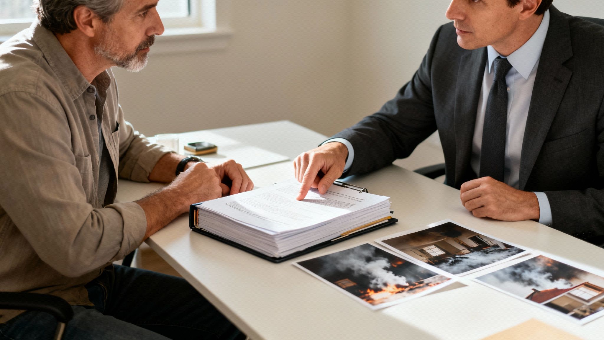 An insurance agent points to documents while discussing fire damage with a client.