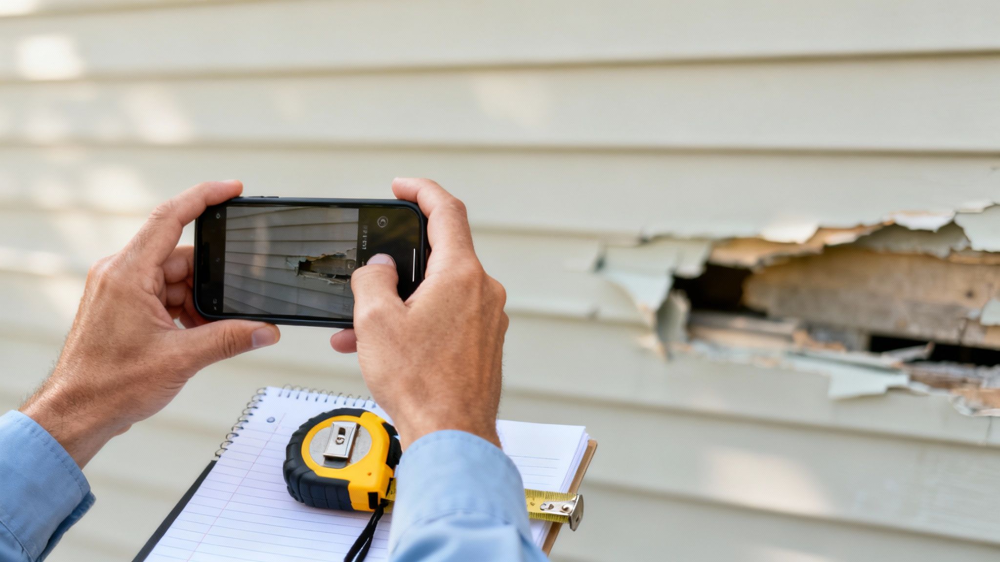 A homeowner looks at a storm-damaged roof, considering what is a public adjuster.
