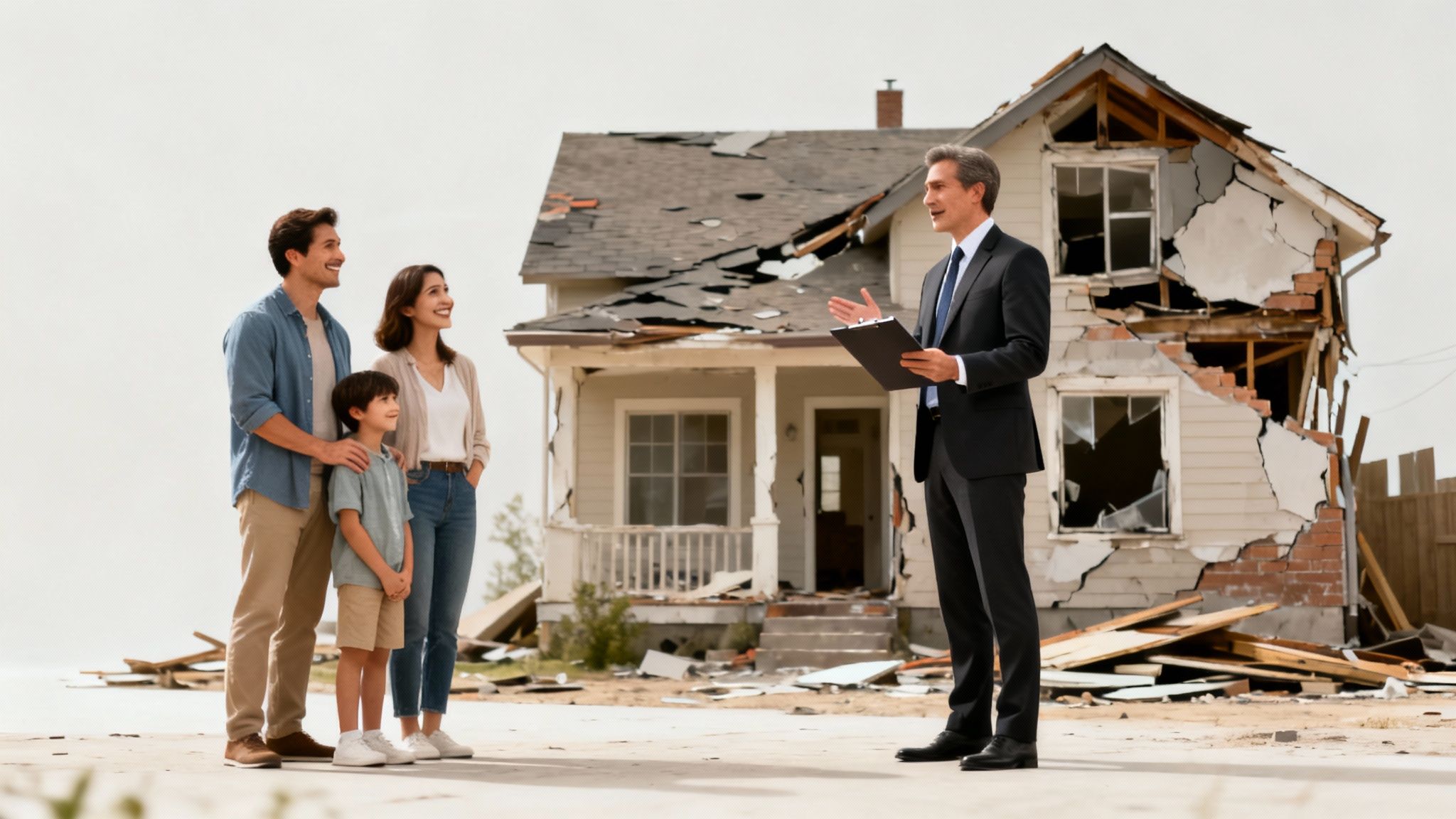 A family and an insurance agent discuss a severely damaged house, likely after a natural disaster.