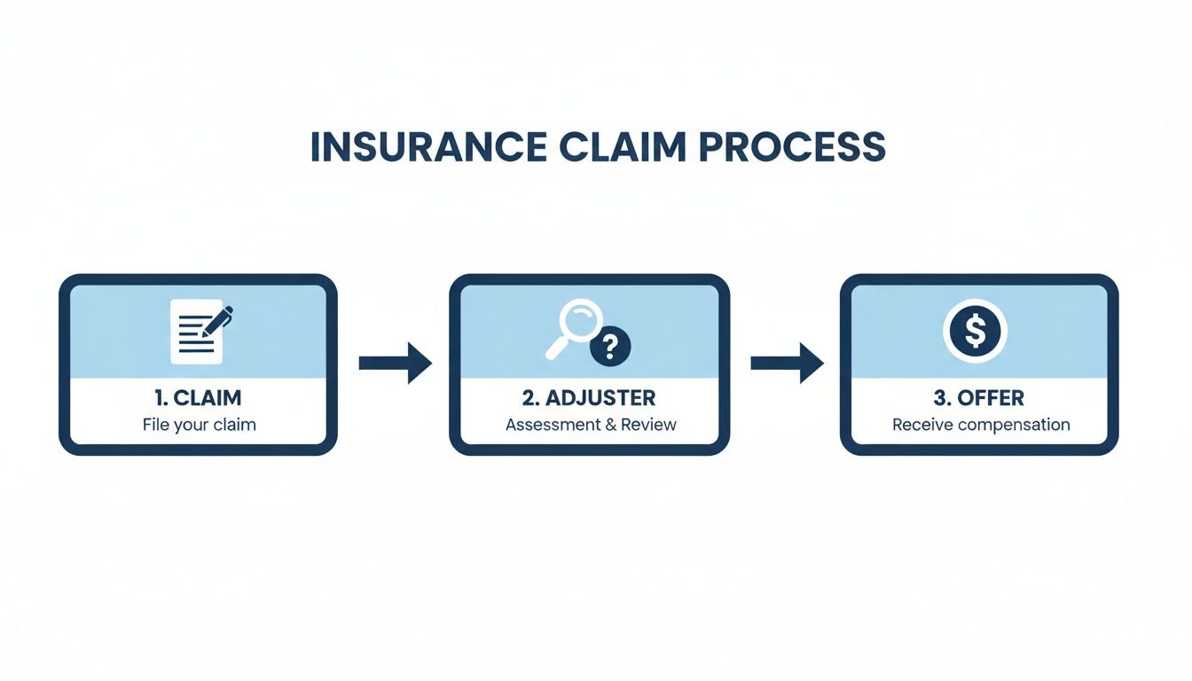 An infographic detailing the three-step insurance claim process: file a claim, adjuster review, and receive compensation.