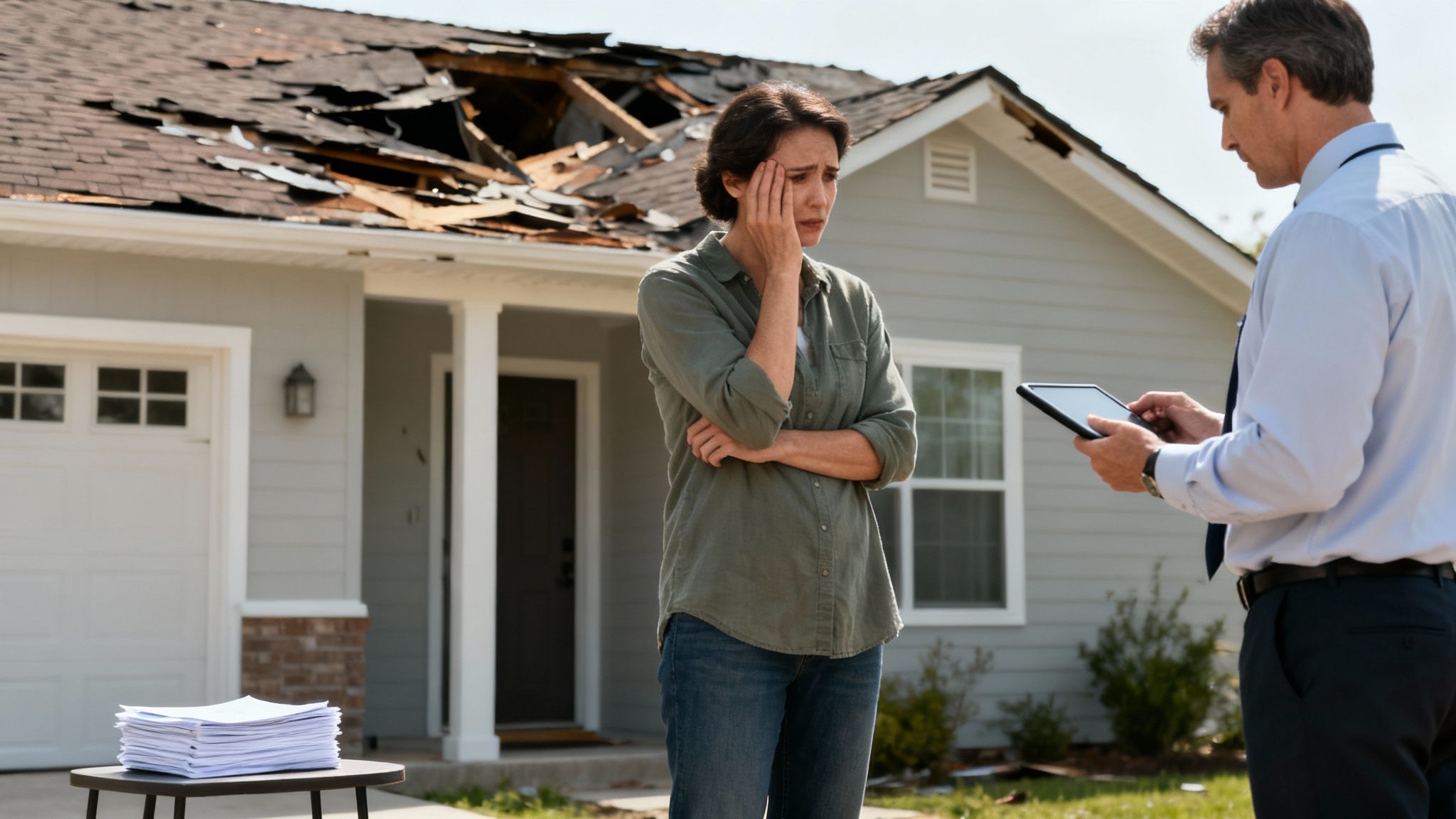 Distressed woman discusses her severely damaged home roof with an insurance adjuster.