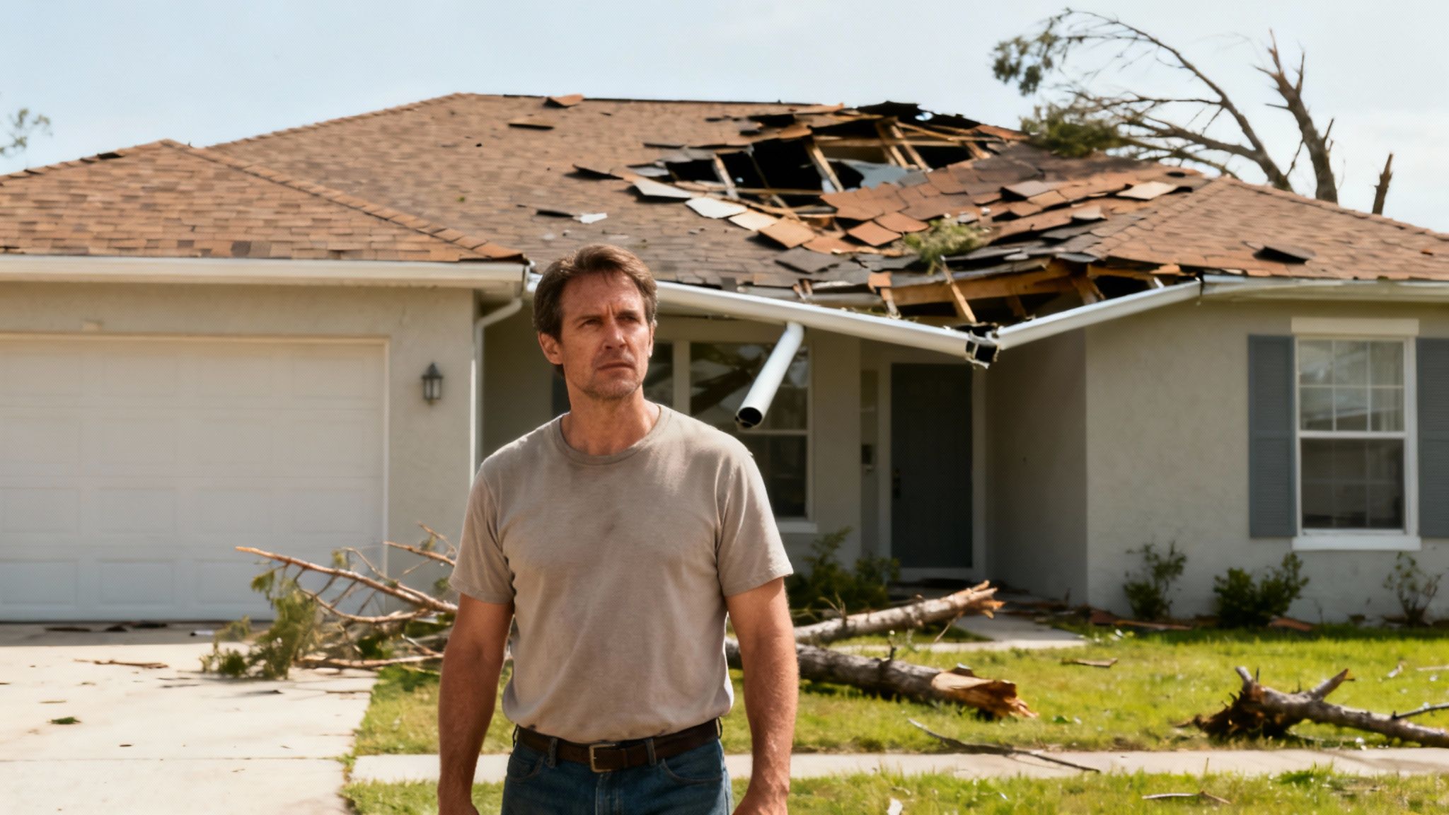 A house with severe roof damage from high winds, a key issue in wind damage insurance claims.