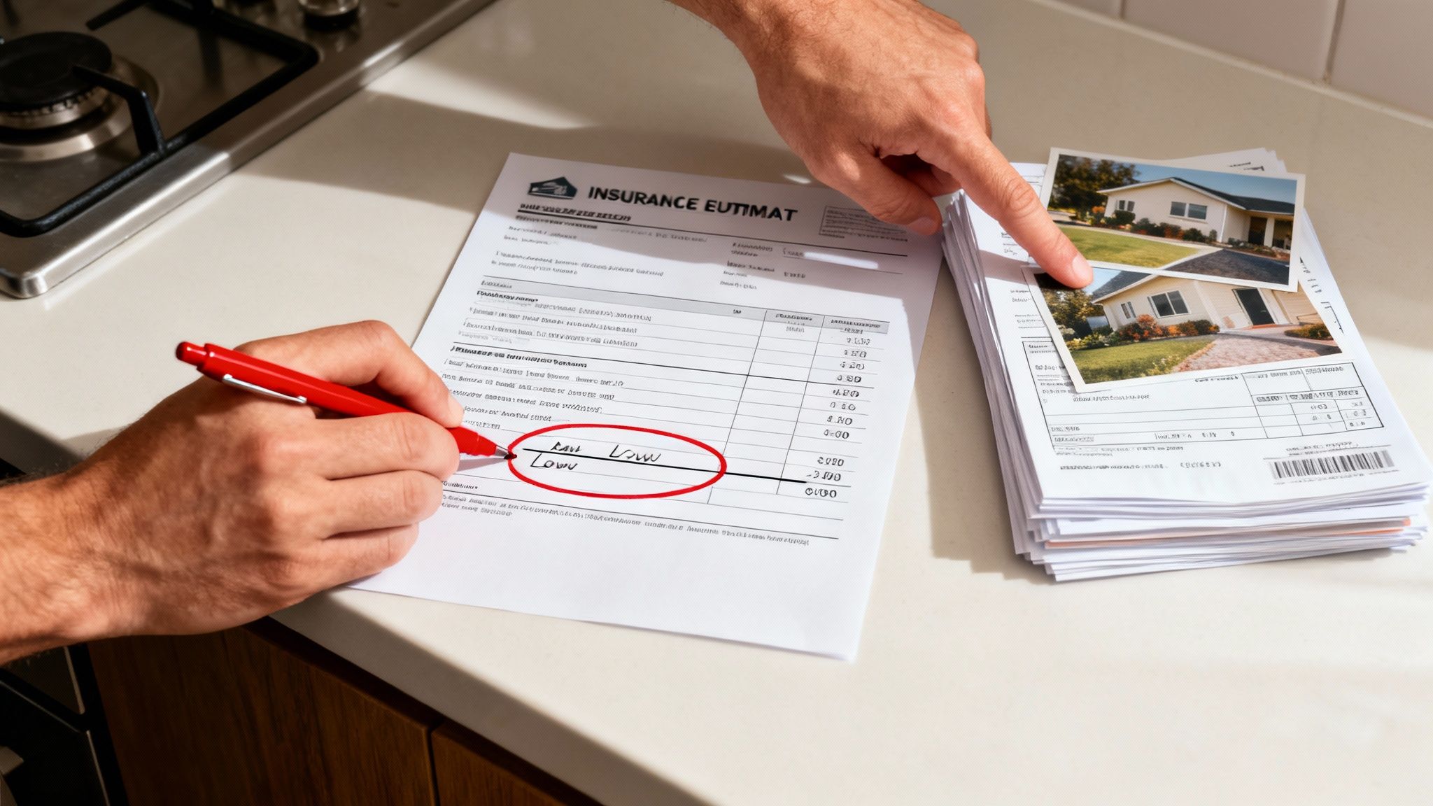 Hands reviewing homeowner insurance documents with house photos, circling 'Low' on an estimate.