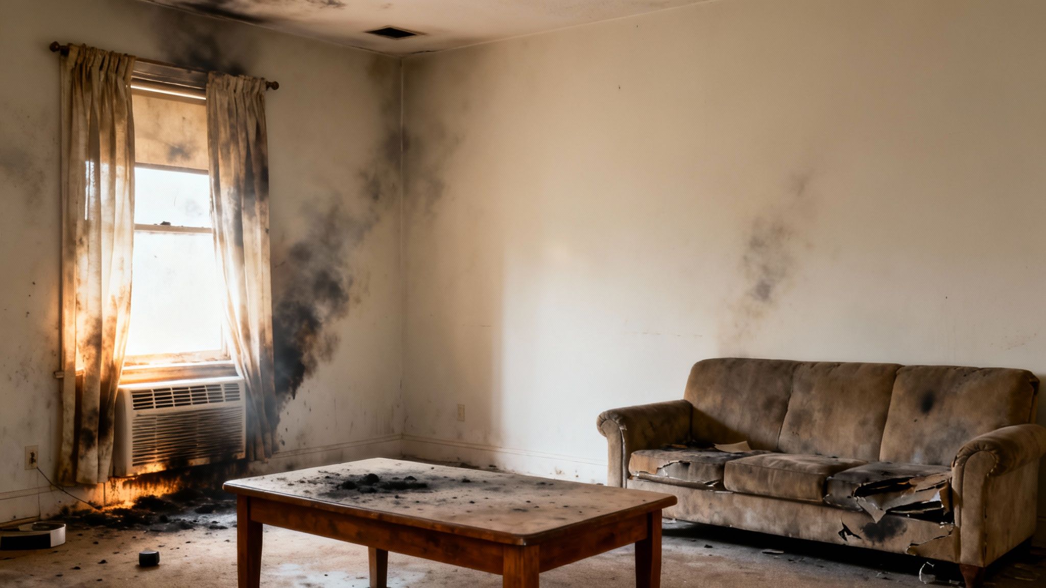A living room shows severe smoke and fire damage, with burnt curtains, couch, and ash.