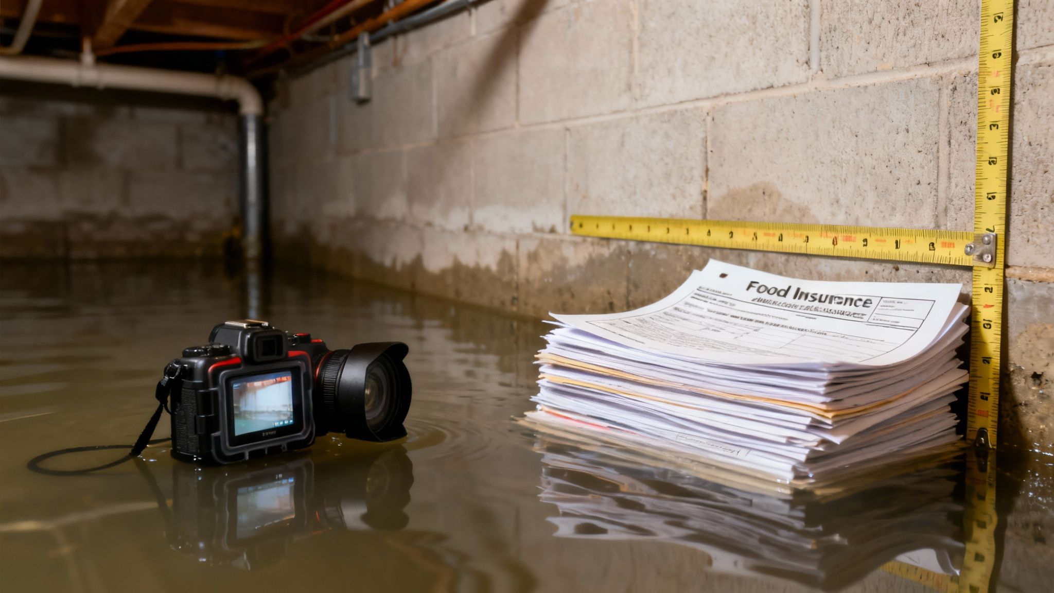 Camera and flood insurance papers submerged in a flooded basement with a measuring tape.