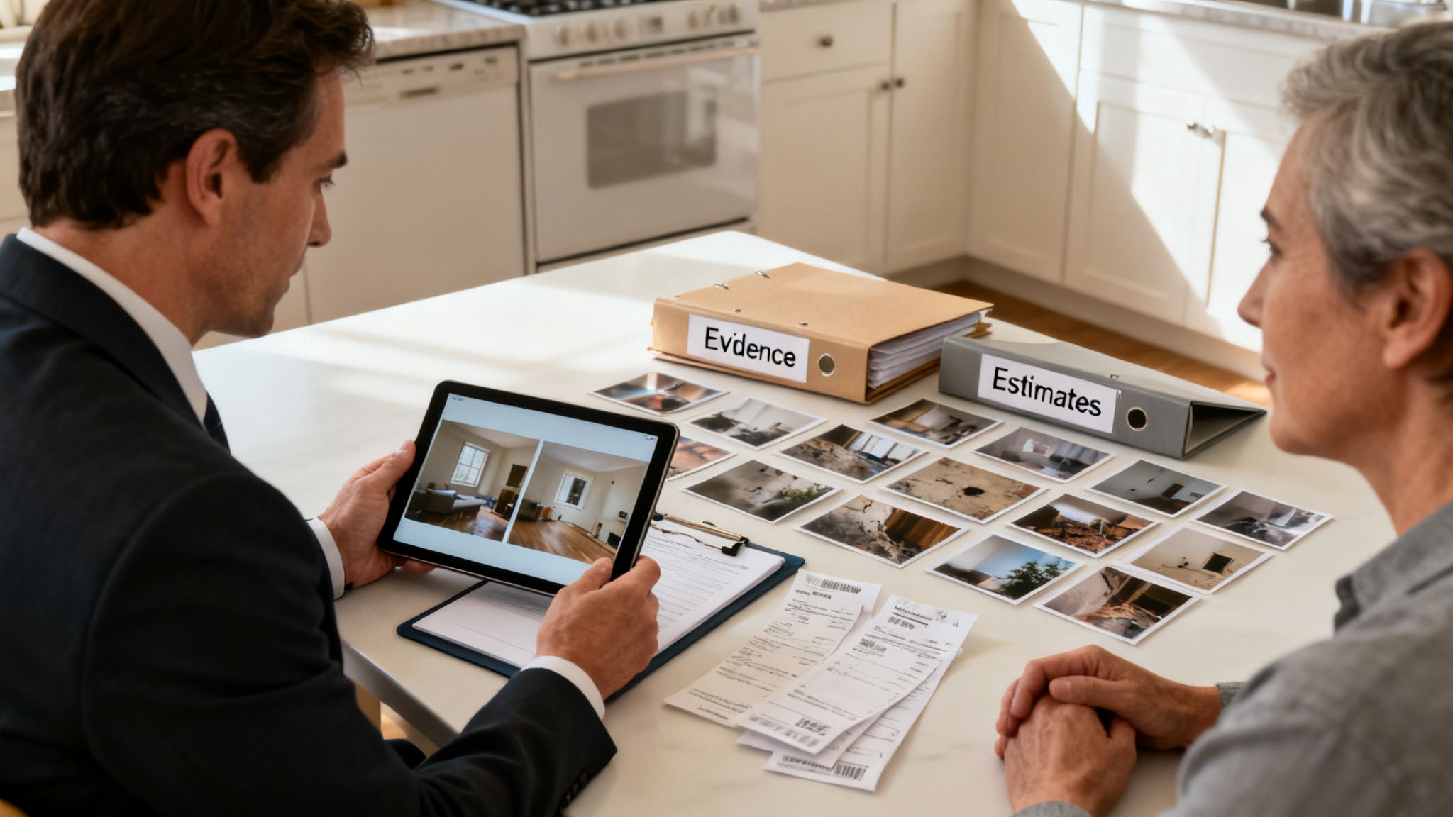A man reviews property damage evidence on a tablet with a woman, surrounded by photos and documents.
