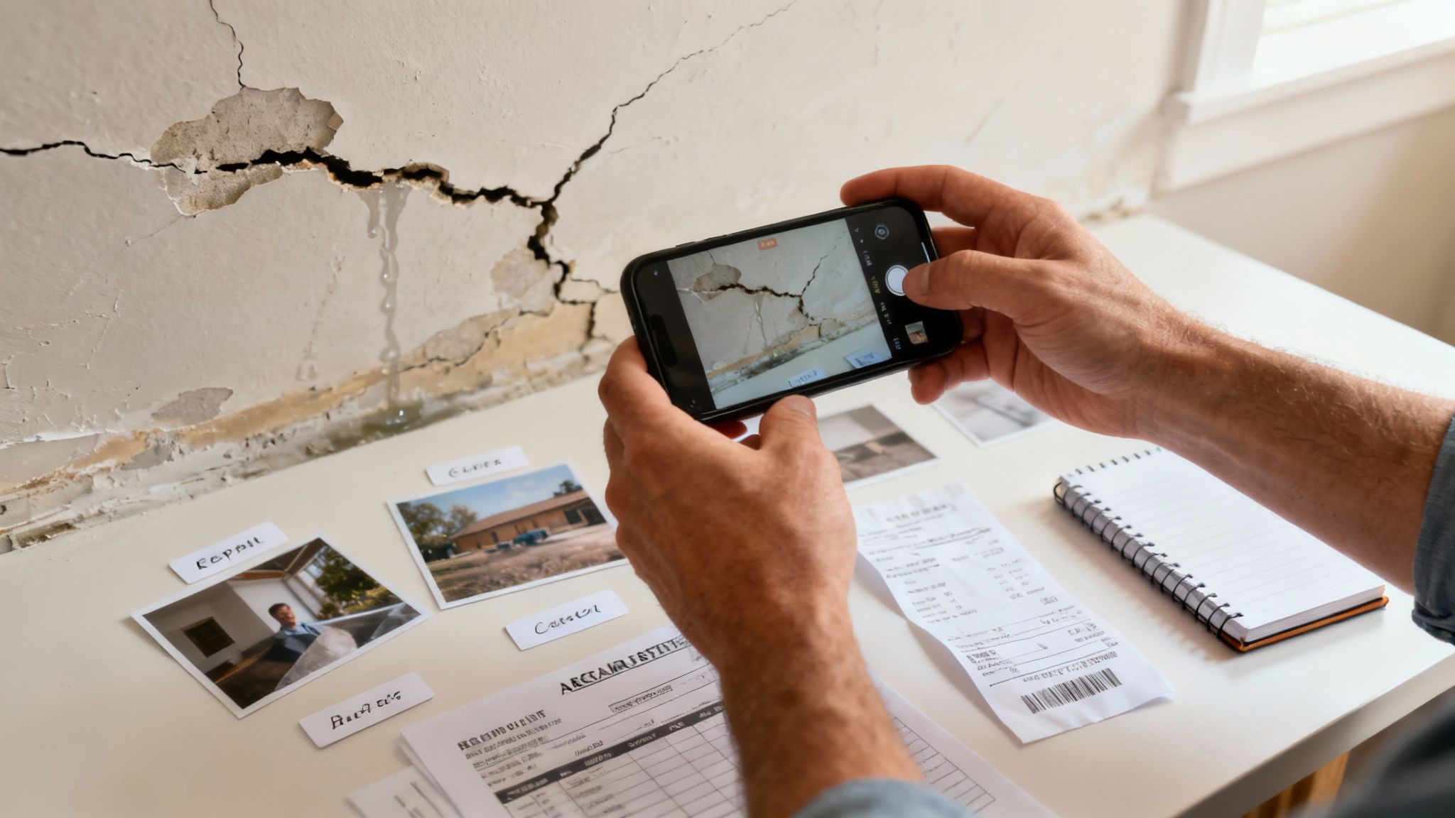 A person reviewing a property damage claim document at a desk.