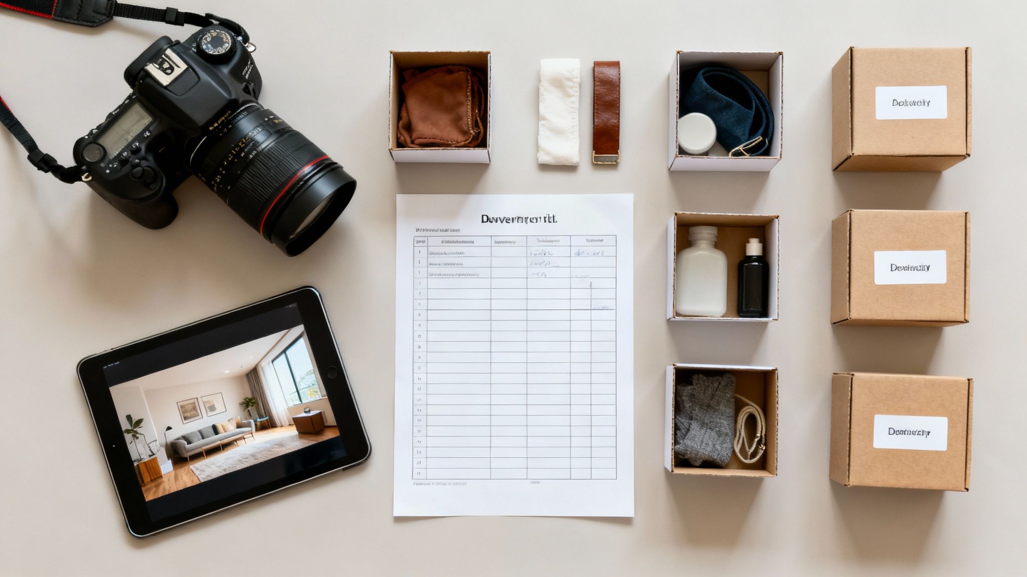Overhead view of a camera, tablet displaying a room, checklist, and various packed boxes.