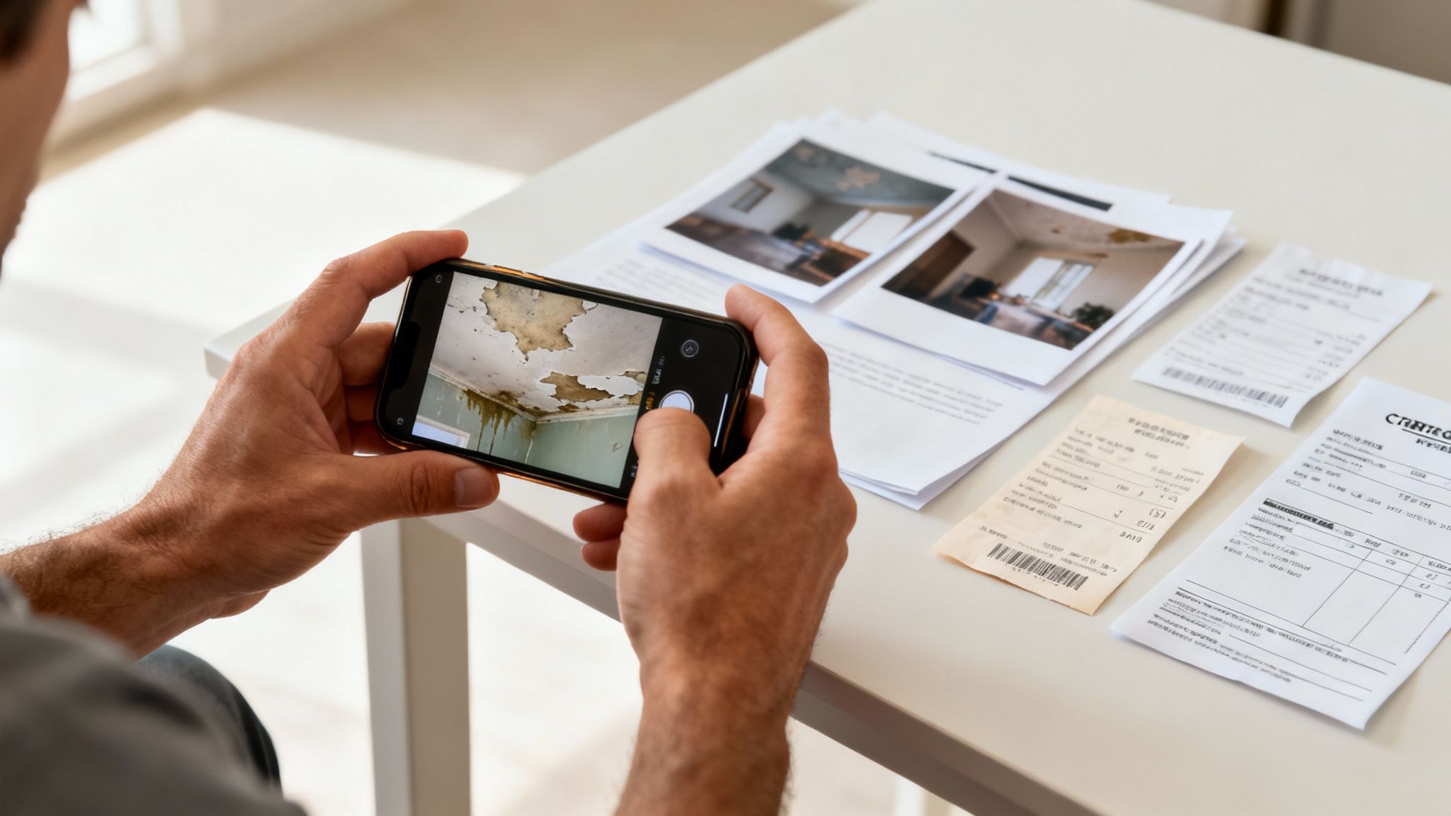 Person photographs a moldy, water-damaged ceiling with a smartphone, next to insurance claim documents.