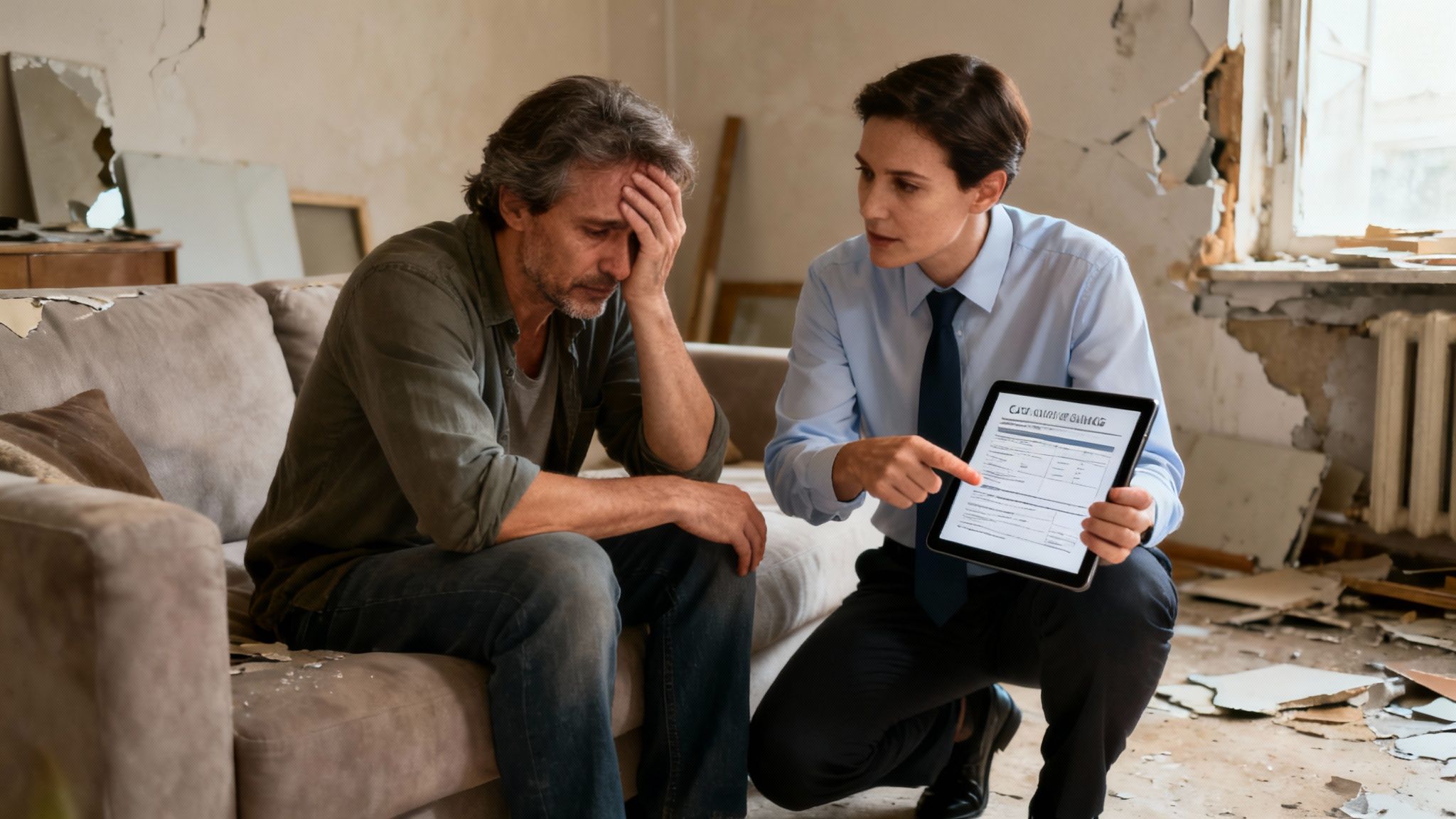 A public claim adjuster reviewing documents with a homeowner in a damaged kitchen.