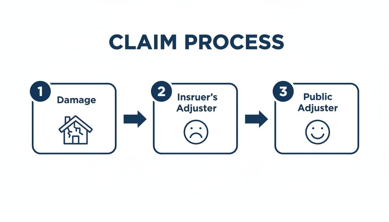 An infographic illustrating the claim process: 1. Damage (broken house), 2. Insurer's Adjuster (sad face), 3. Public Adjuster (happy face).