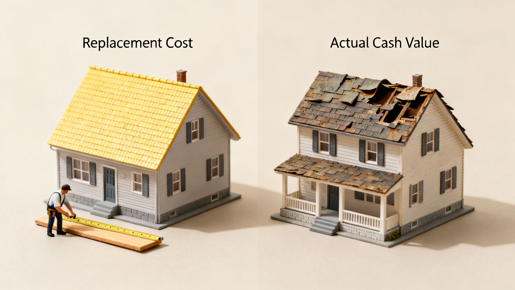 Two model houses representing replacement cost (new) and actual cash value (damaged) insurance concepts.