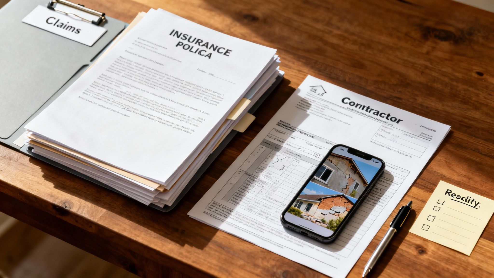 Desk with insurance documents, contractor forms, smartphone displaying a damaged house, and a 'Reality' note.