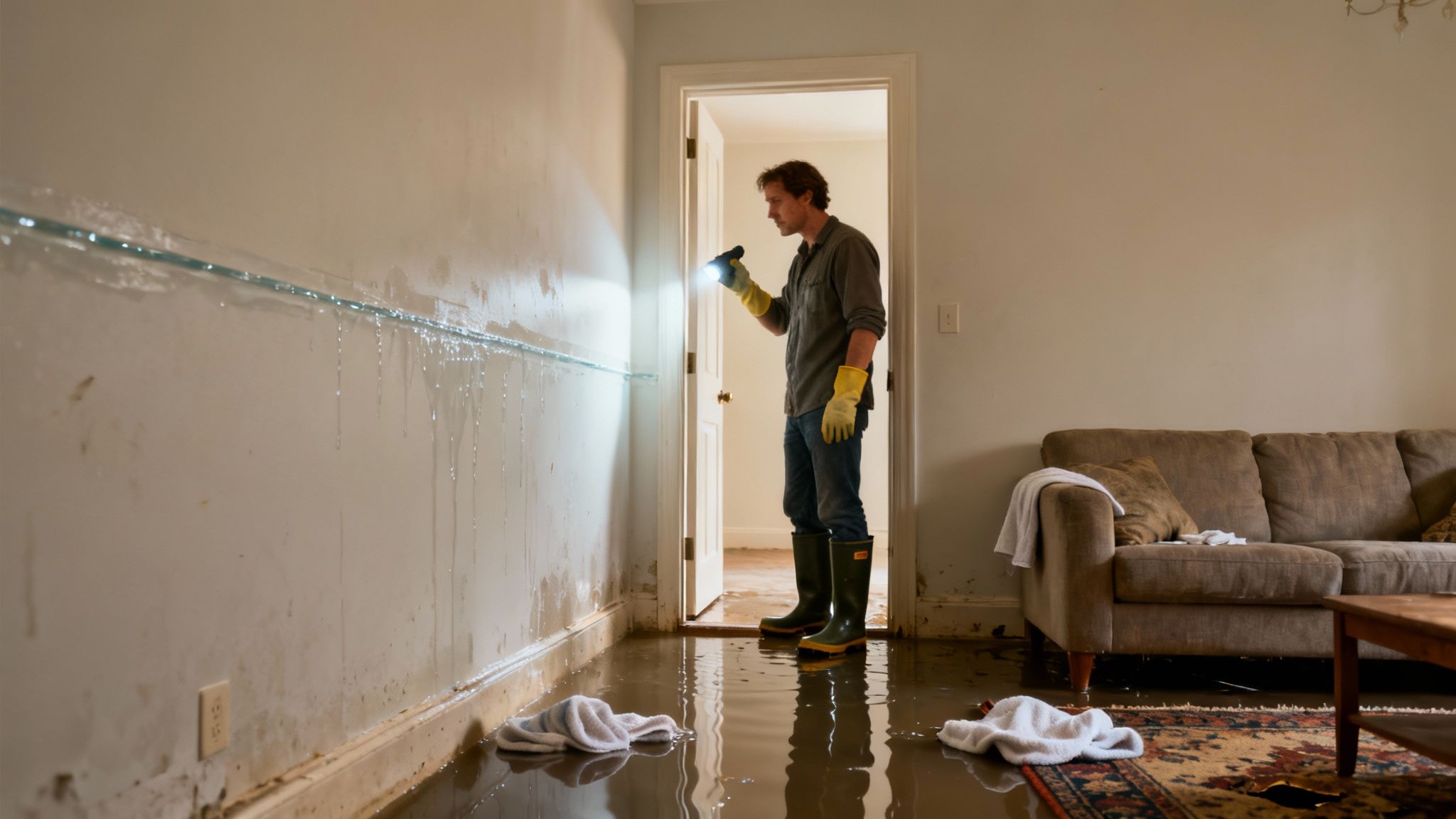A person taking photos of flood damage inside a home with a smartphone