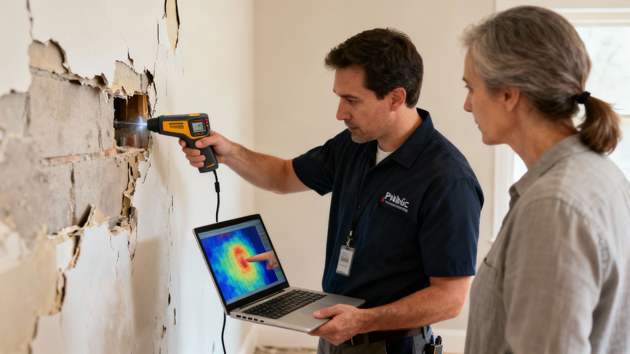 Home inspector uses a thermal camera to detect water damage on a peeling wall, showing results on a laptop.
