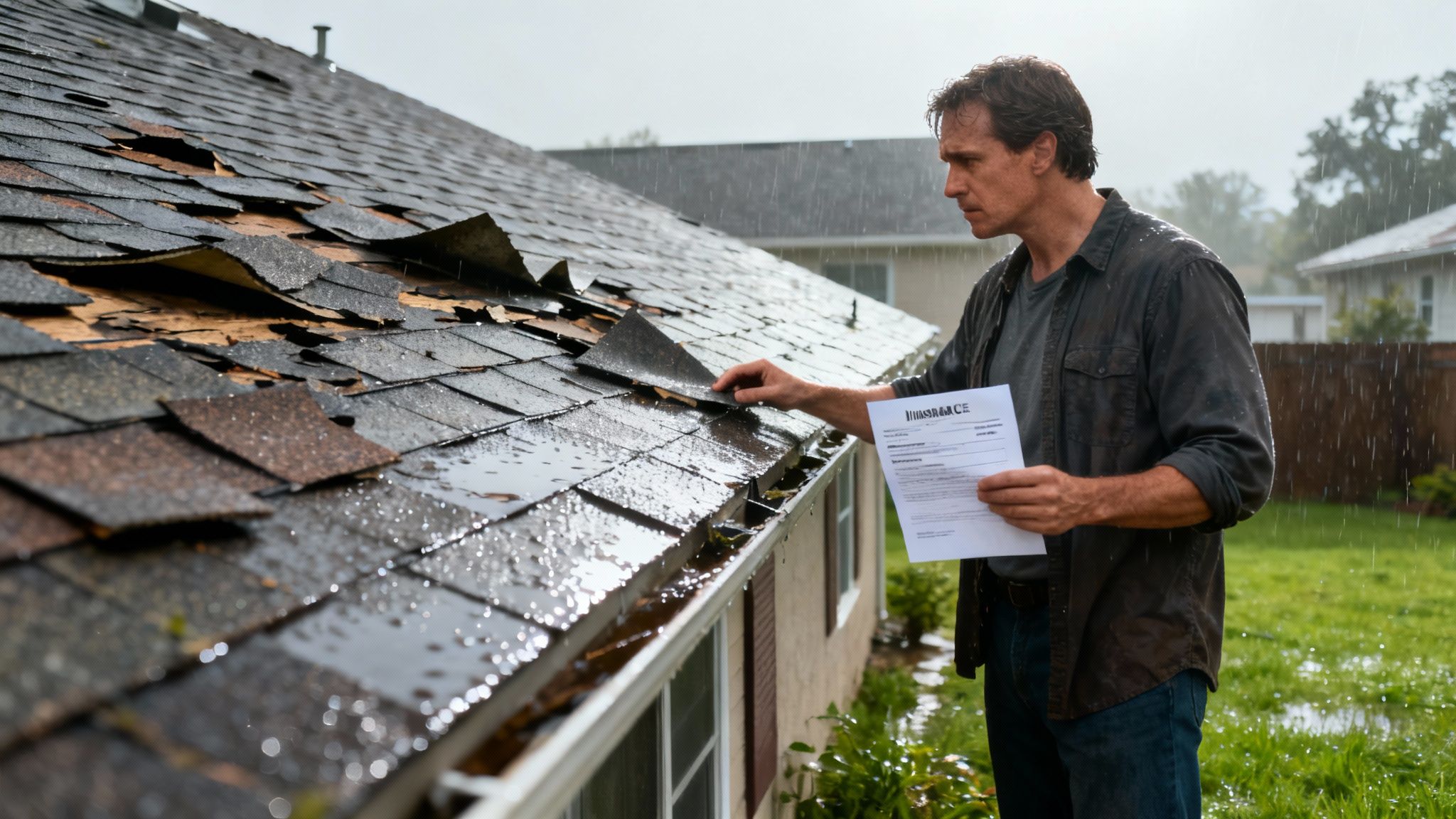 A severely damaged roof with shingles missing, illustrating the central question of will insurance cover roof replacement.