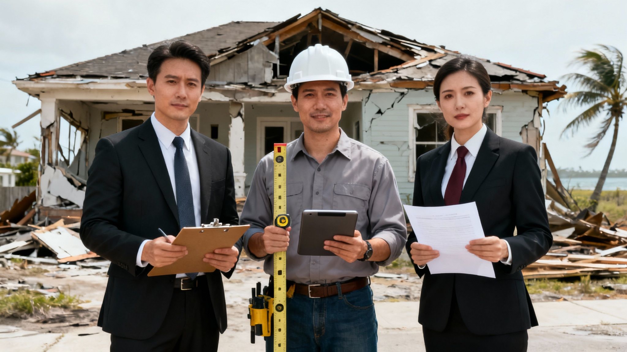 Three professionals, including a construction worker, assess a house severely damaged by a hurricane.