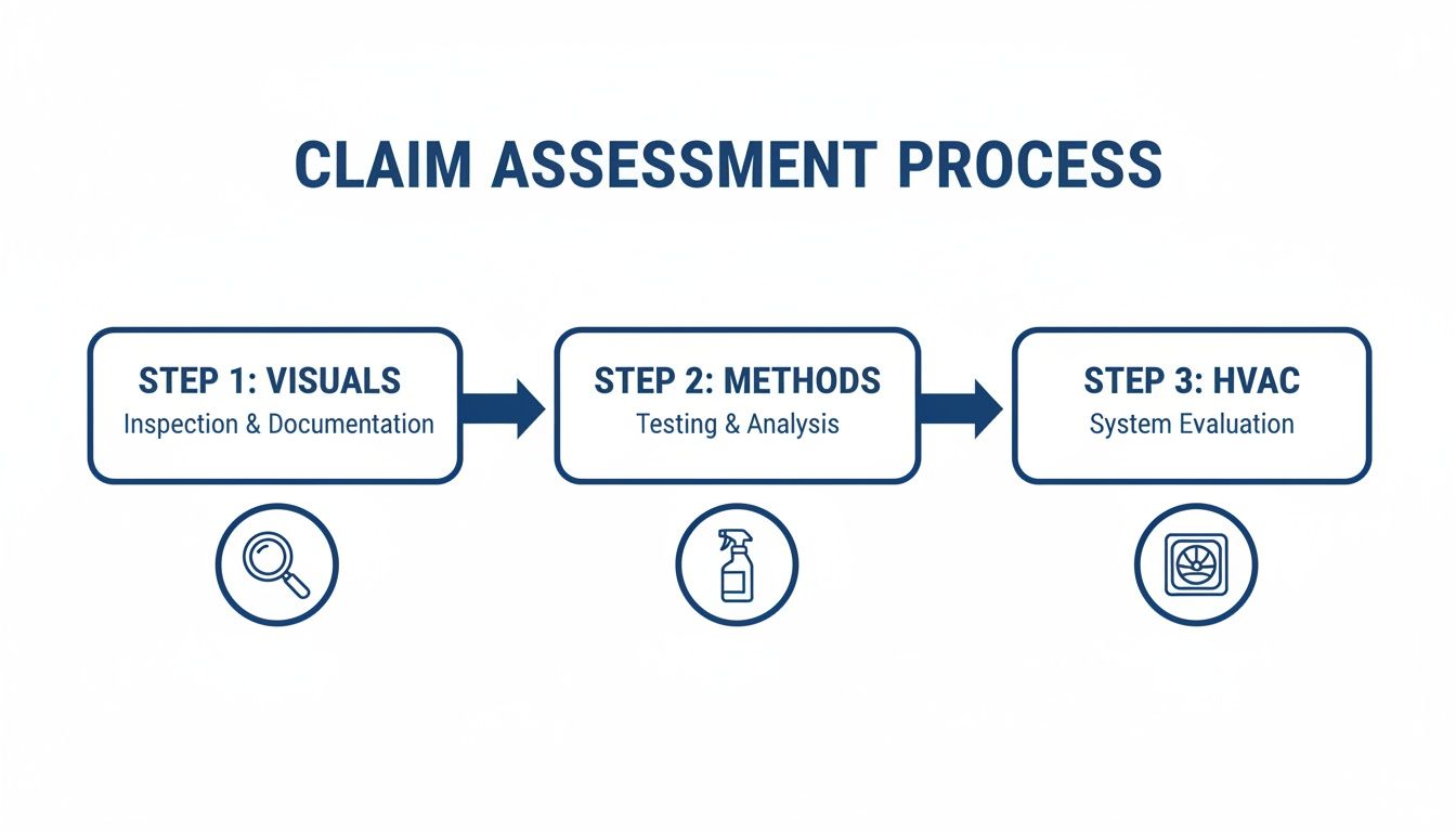 A flowchart illustrates a three-step claim assessment process: visuals, methods, and HVAC system evaluation.