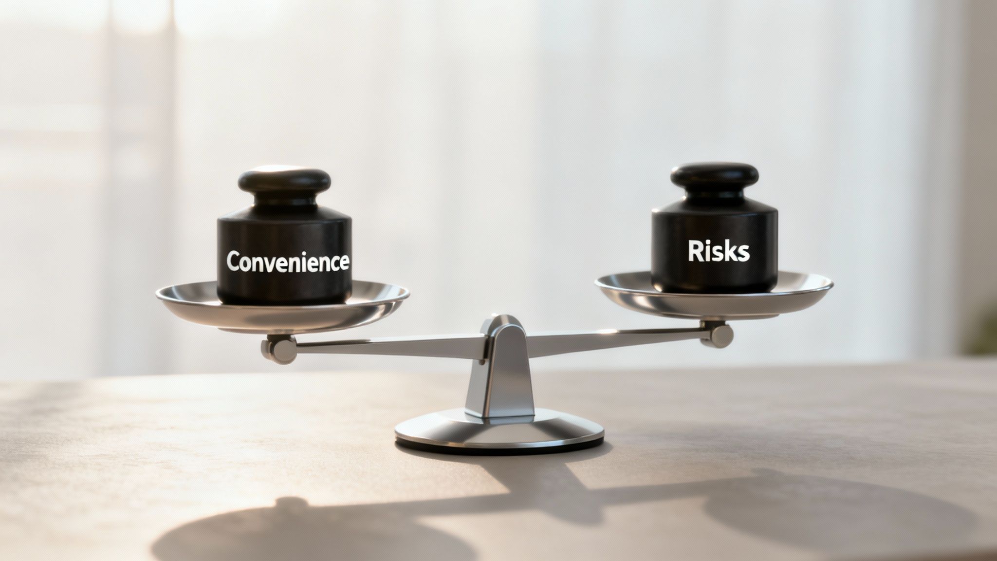 A scale weighing a house on one side and a gavel on the other, representing the balance of benefits and risks.
