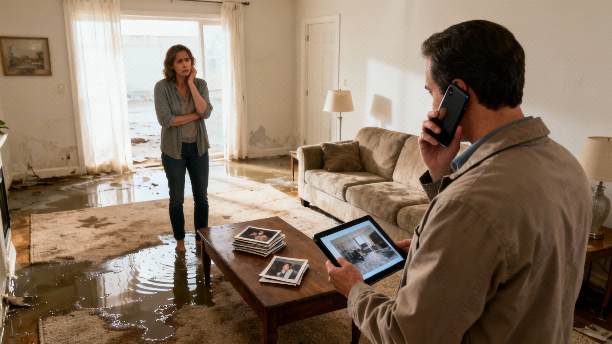 A distressed woman stands in a flood-damaged living room as a man documents the damage.