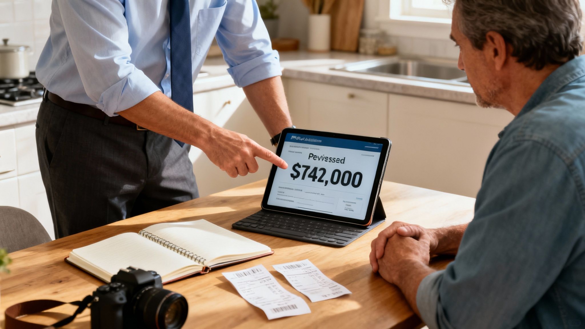 A financial advisor shows a man a tablet displaying "$742,000" during a consultation in a home kitchen.