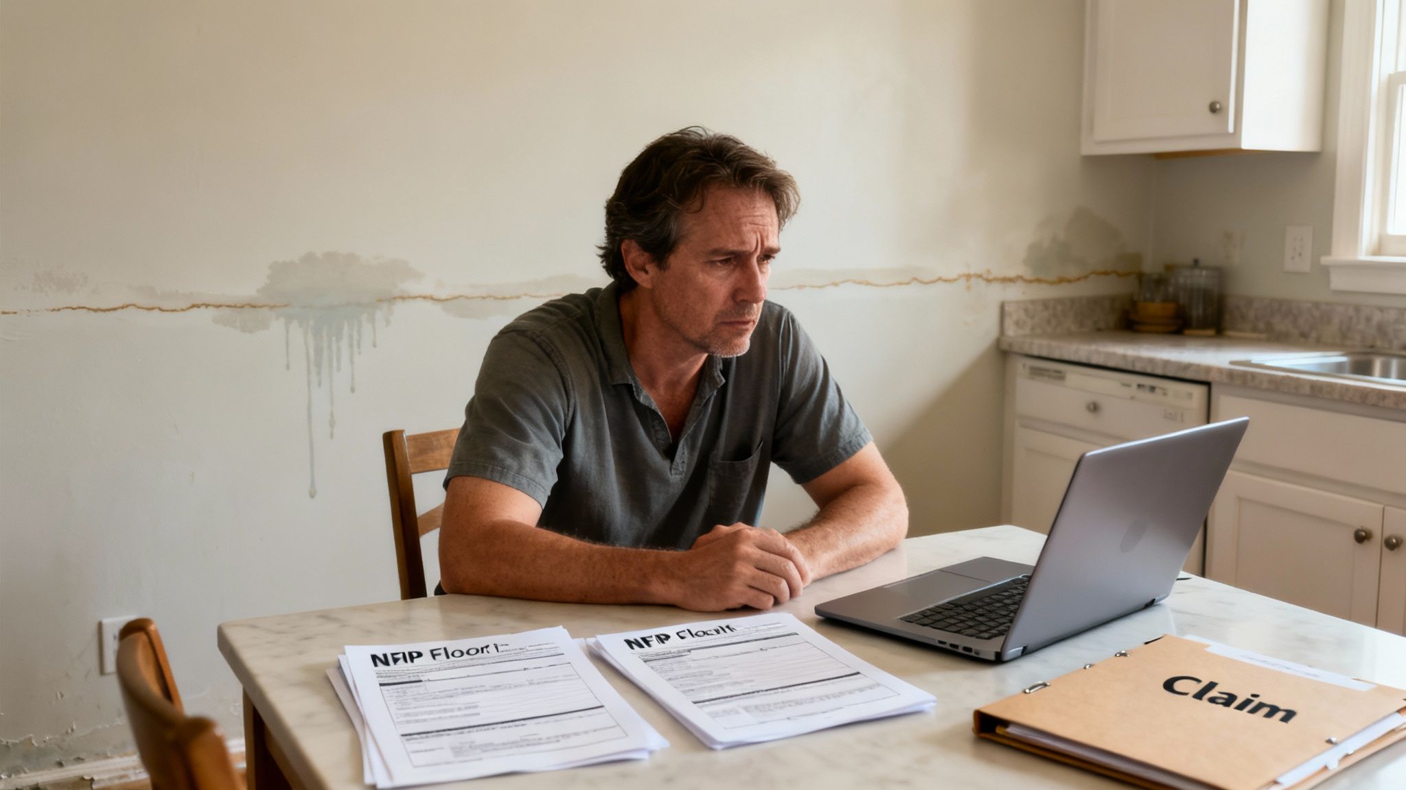 A distressed man sits at a table, looking at a laptop with flood claim forms and water-damaged walls.