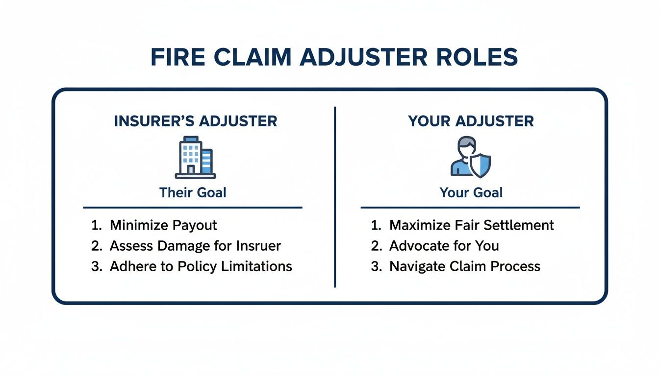 An infographic comparing the goals and roles of an insurer's adjuster versus your adjuster for fire claims.