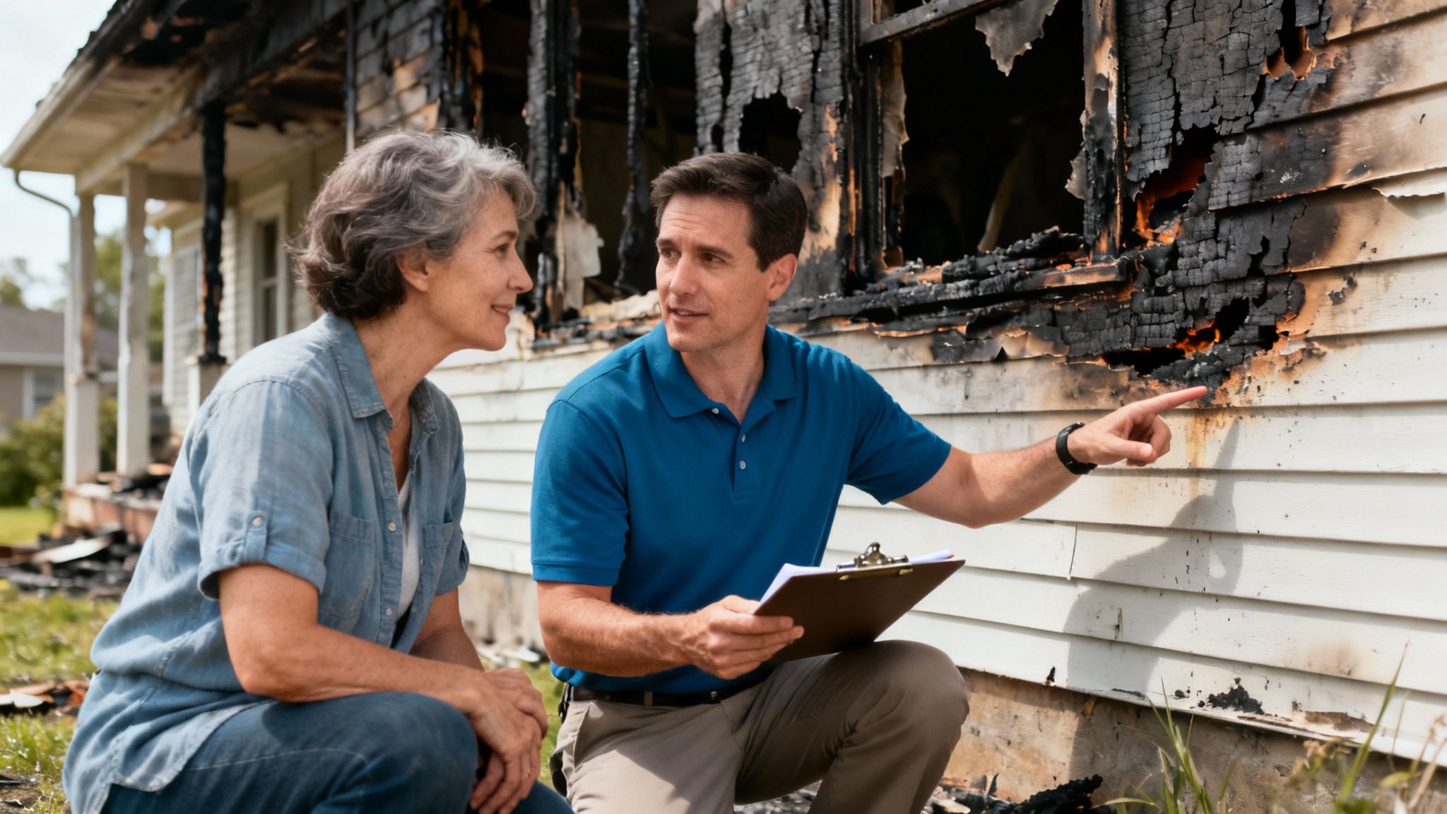 A fire damage claim adjuster in a blue cobalt polo shirt discusses a fire damage claim with a homeowner.