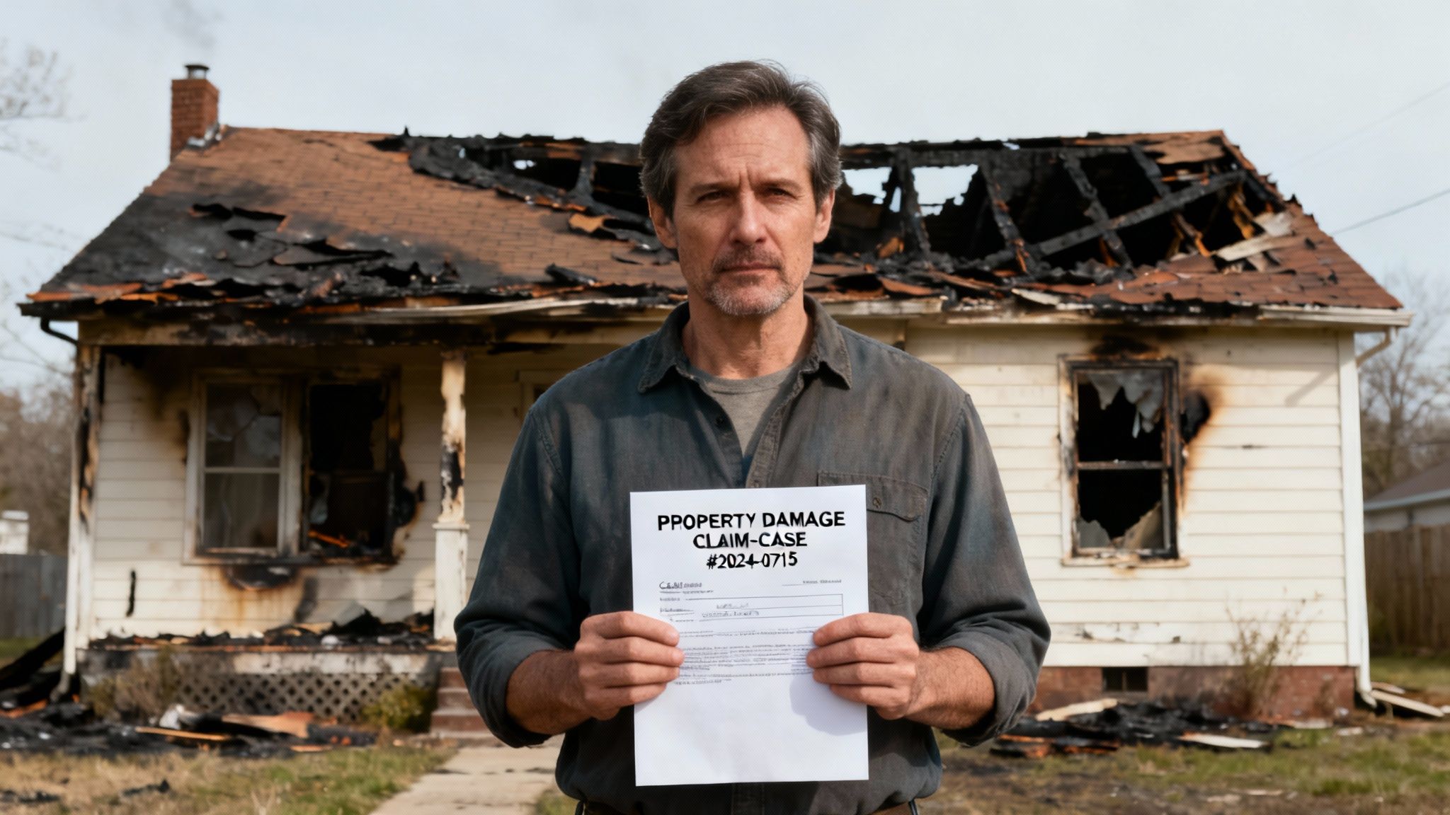 Man holding insurance claim for fire damage claim form in front of his severely fire-damaged house.