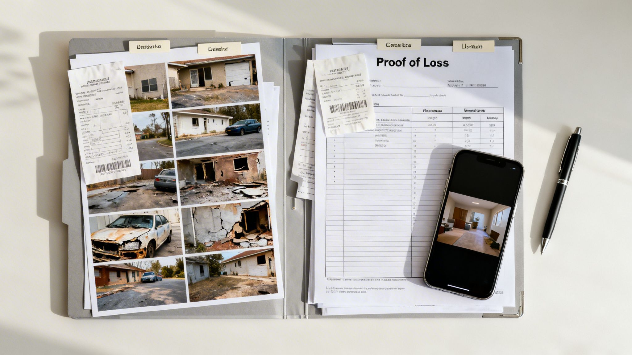 An open file folder with documents, photos of damaged properties, a smartphone, and a pen for an insurance claim.