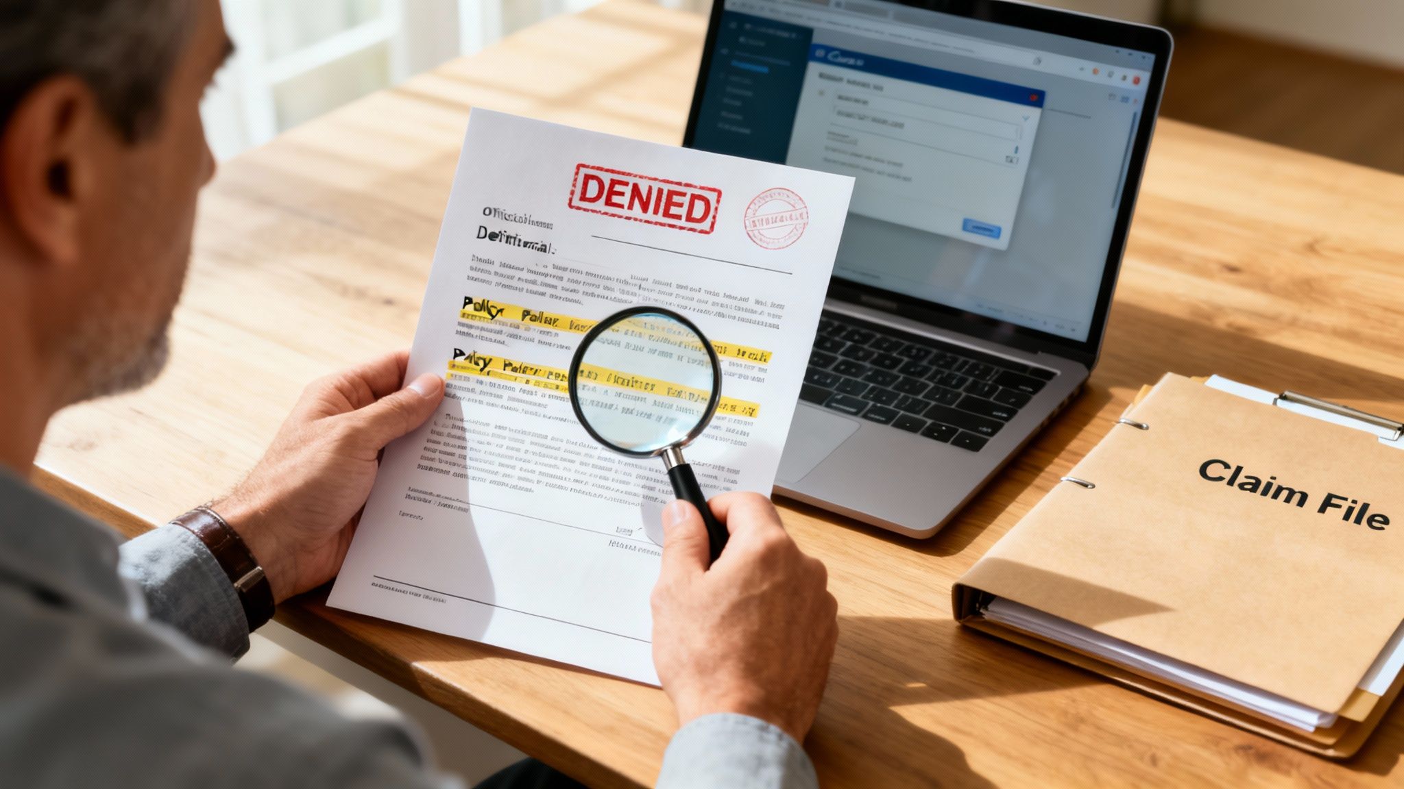 Man examining a denied insurance claim document with a magnifying glass on a wooden desk.