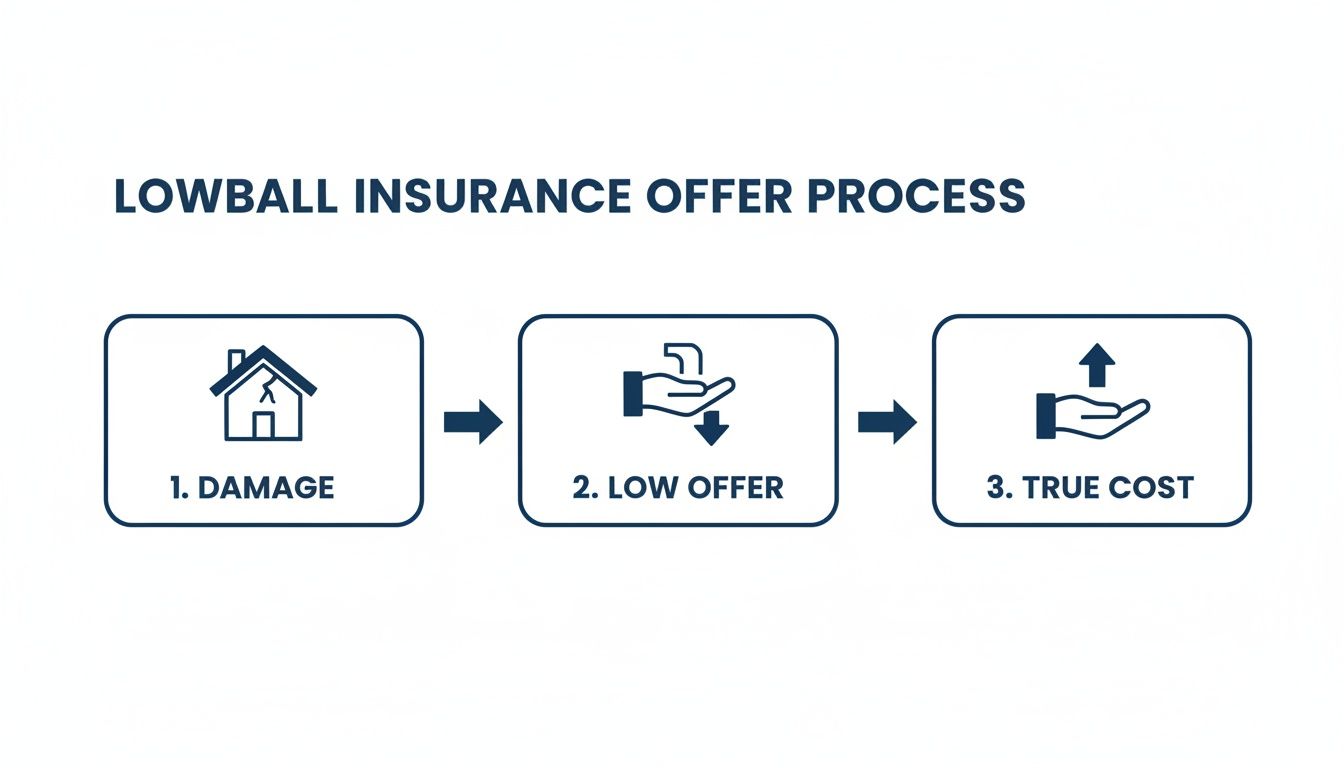 A flowchart illustrates the lowball insurance offer process with three steps: 1. Damage, 2. Low Offer, 3. True Cost.
