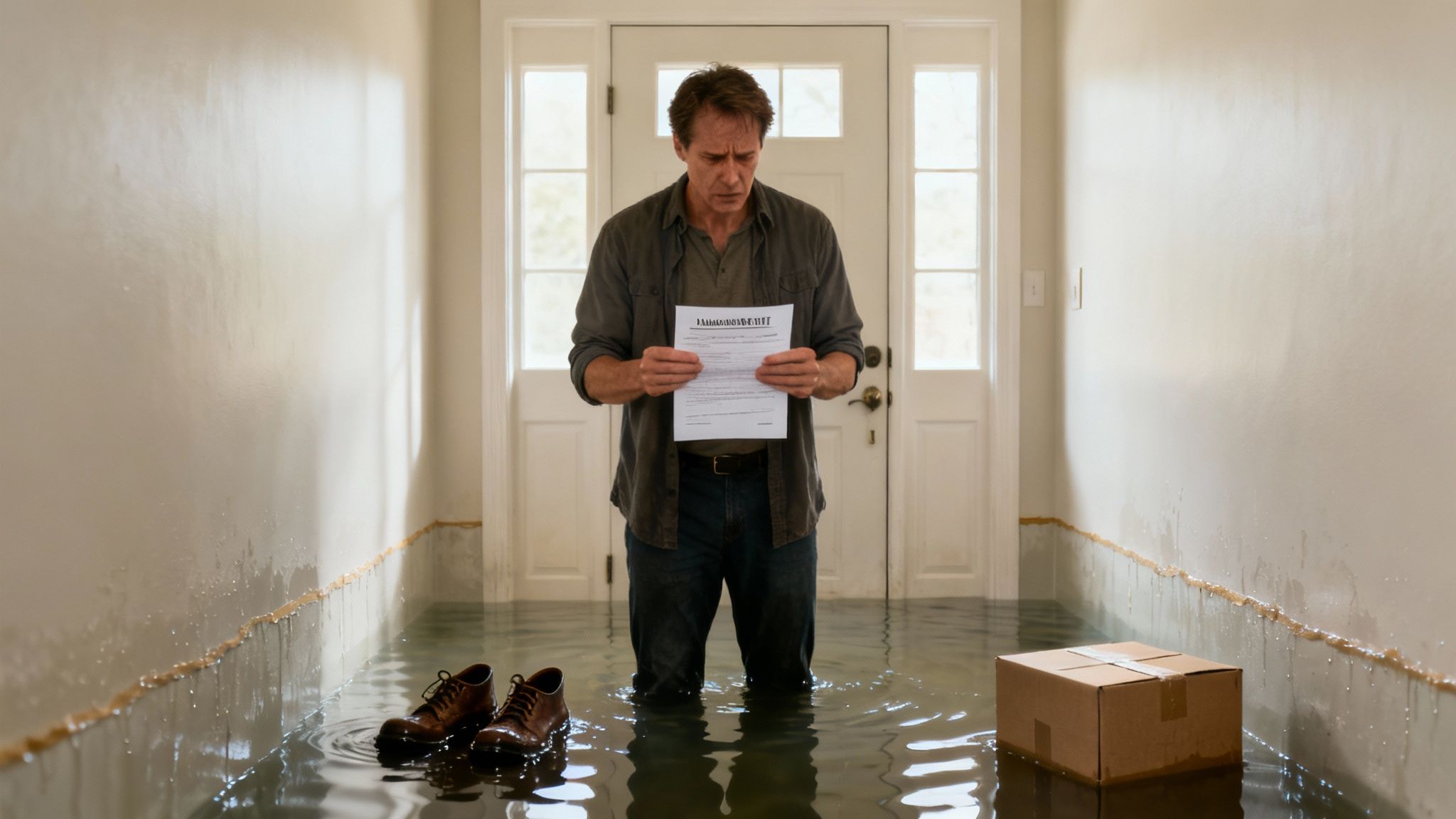 A public adjuster in a blue polo shirt reviews a flood damage insurance claim with a concerned homeowner.
