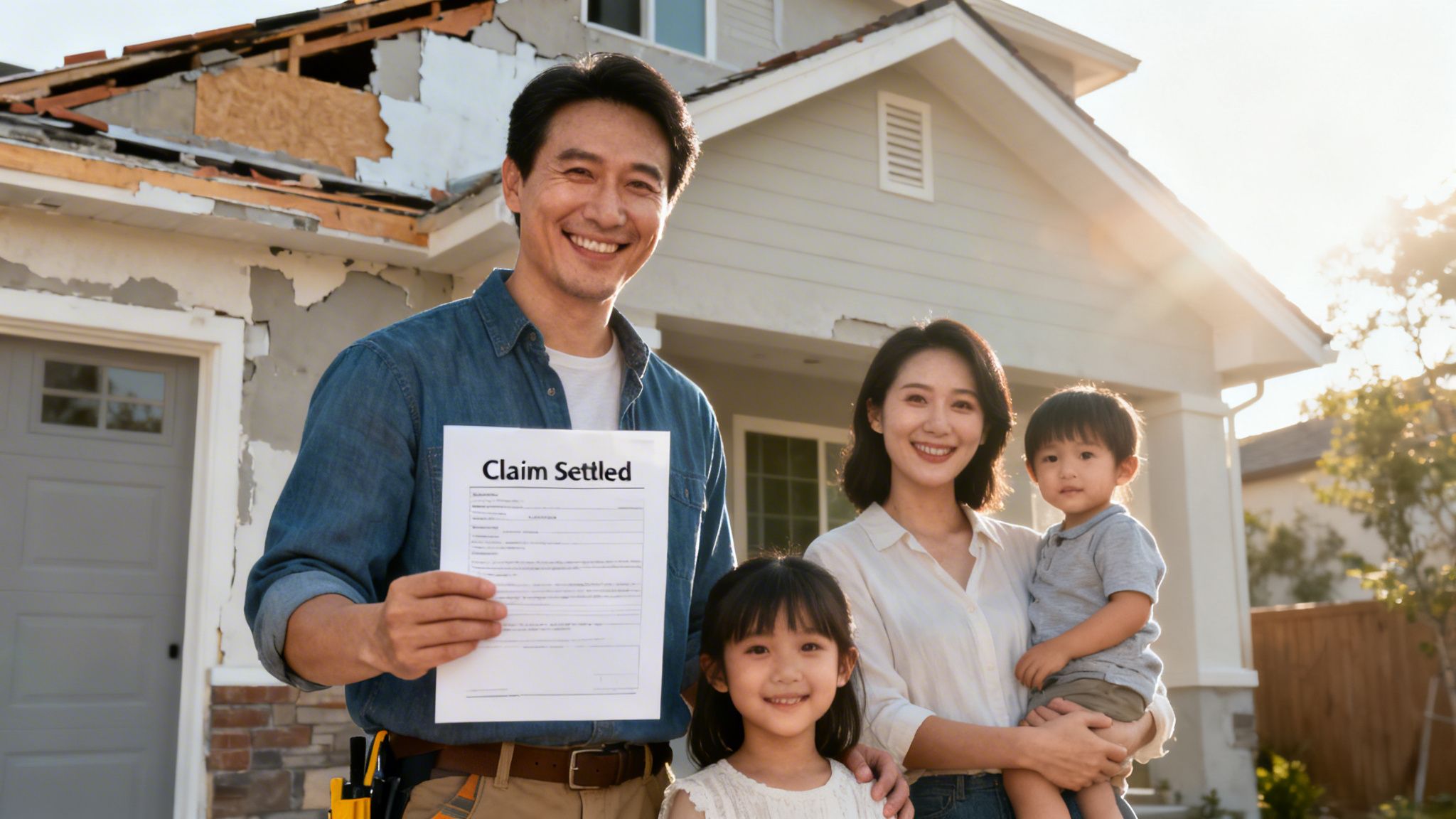 A happy Asian family smiles, holding a 'Claim Settled' document in front of their damaged home.