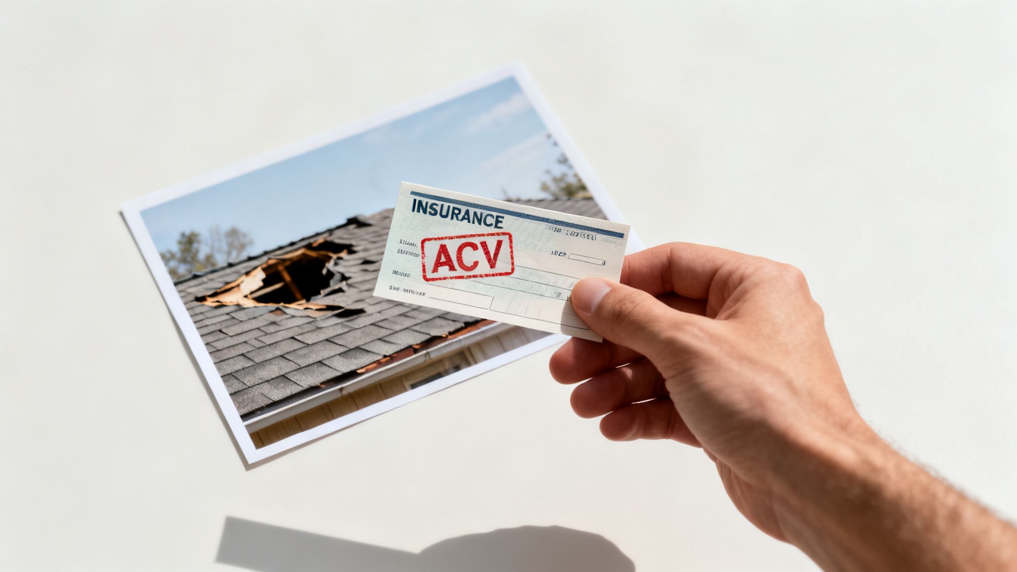Hand holding an ACV insurance check over a photograph of a house roof with storm damage.