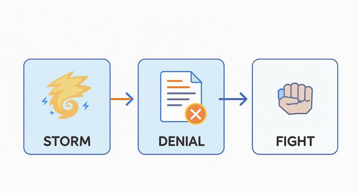 Infographic showing the process of a hurricane insurance claim from storm to denial to fighting back.