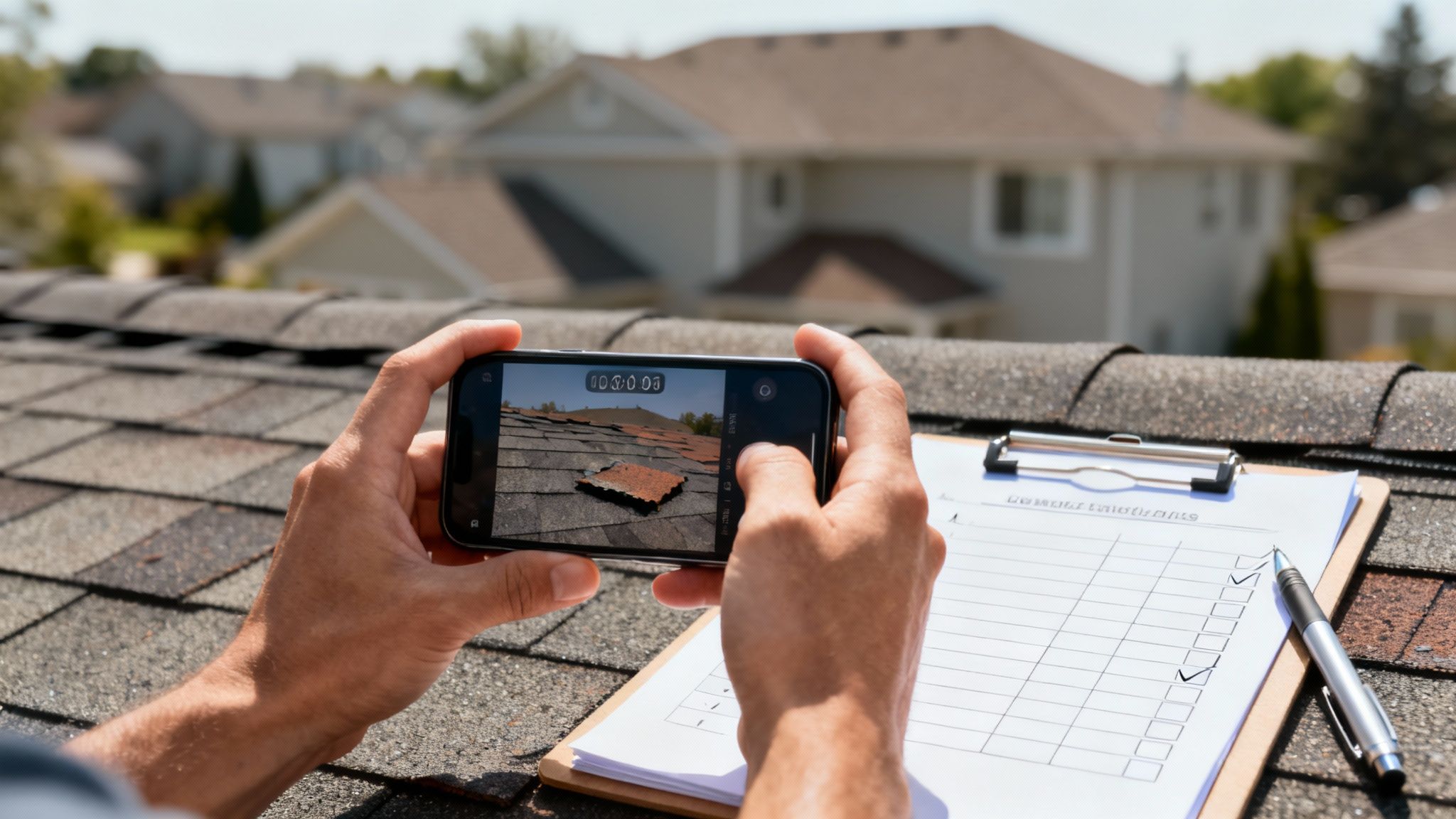 A person taking a picture of their roof after a storm, documenting evidence for a wind damage insurance claims case.
