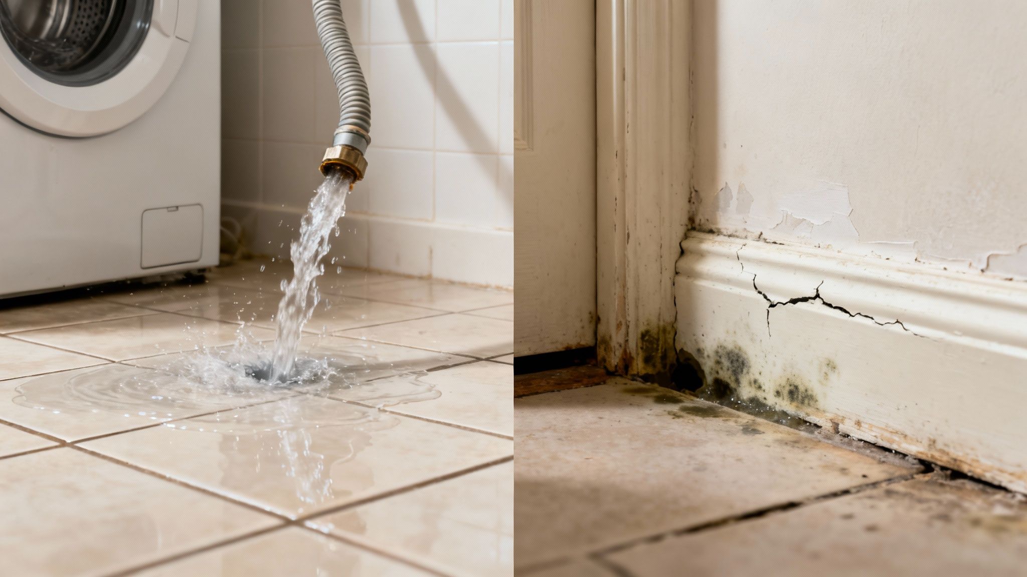 Split image: washing machine leak on a tiled floor and severe mold damage on a wall.