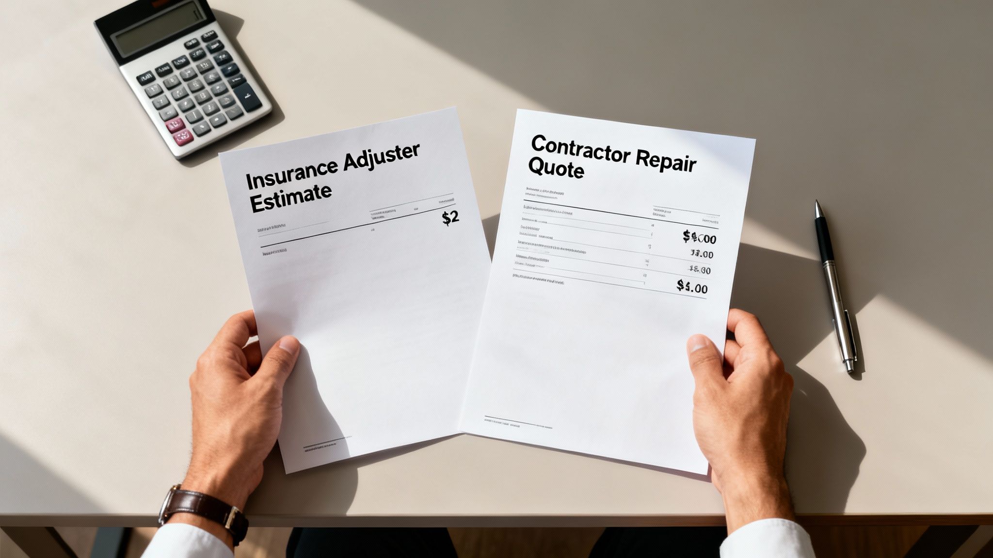 A person's hands holding and comparing an insurance adjuster estimate and a contractor repair quote on a desk with a calculator and pen.