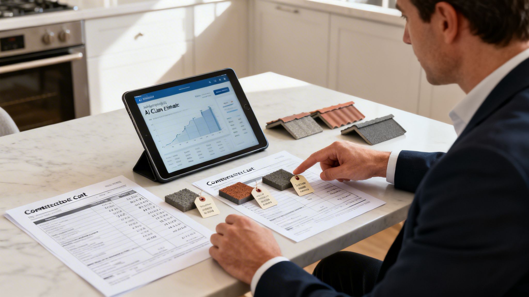 A man in a suit reviews construction costs, roofing samples, and an AI estimate on a tablet.