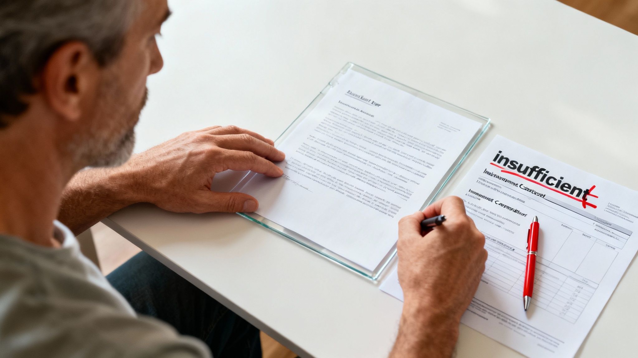 A frustrated person reviewing paperwork, showing the challenge of disputing a low settlement offer when you don't know how to file property damage claim correctly.