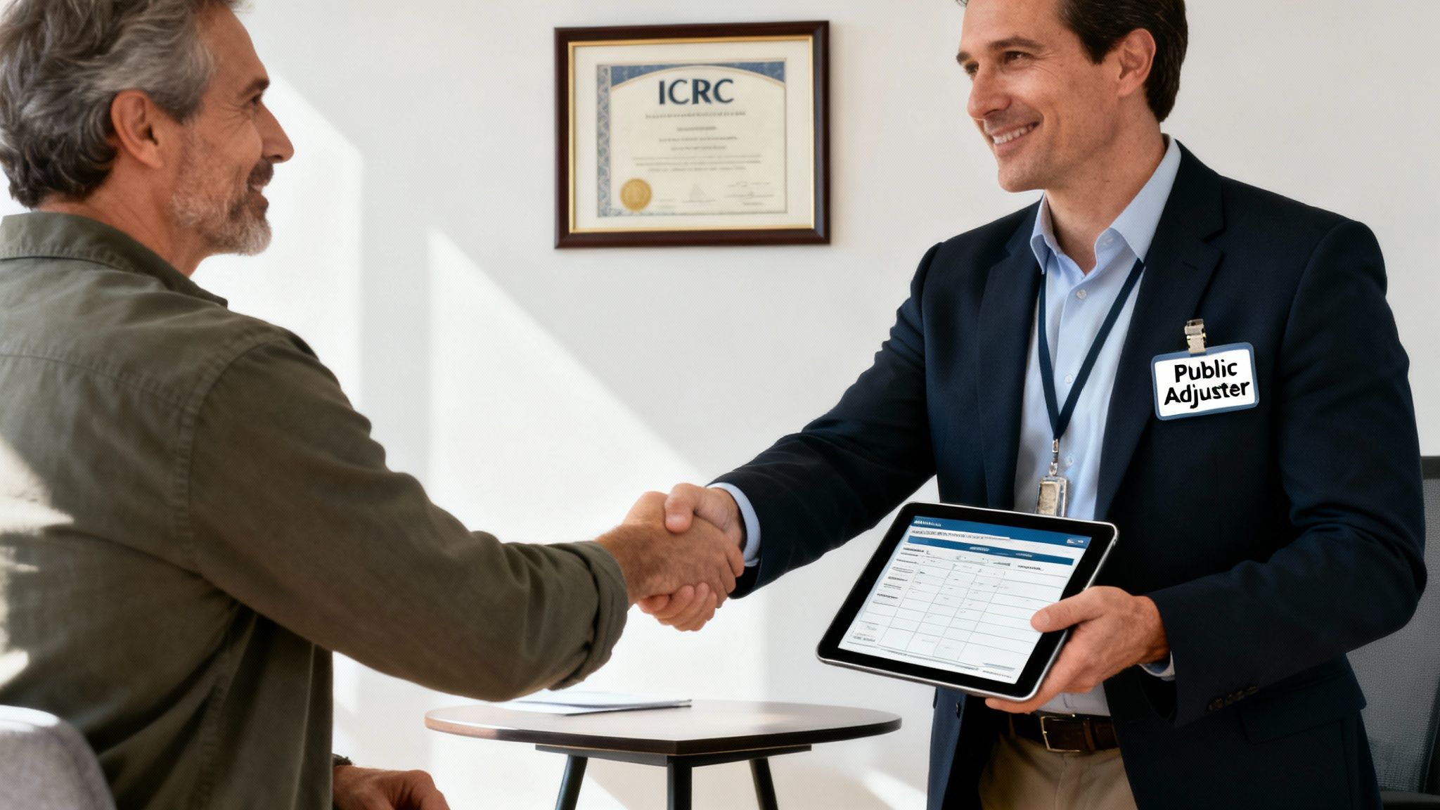 A smiling public adjuster in a suit with a tablet shakes hands with a client.