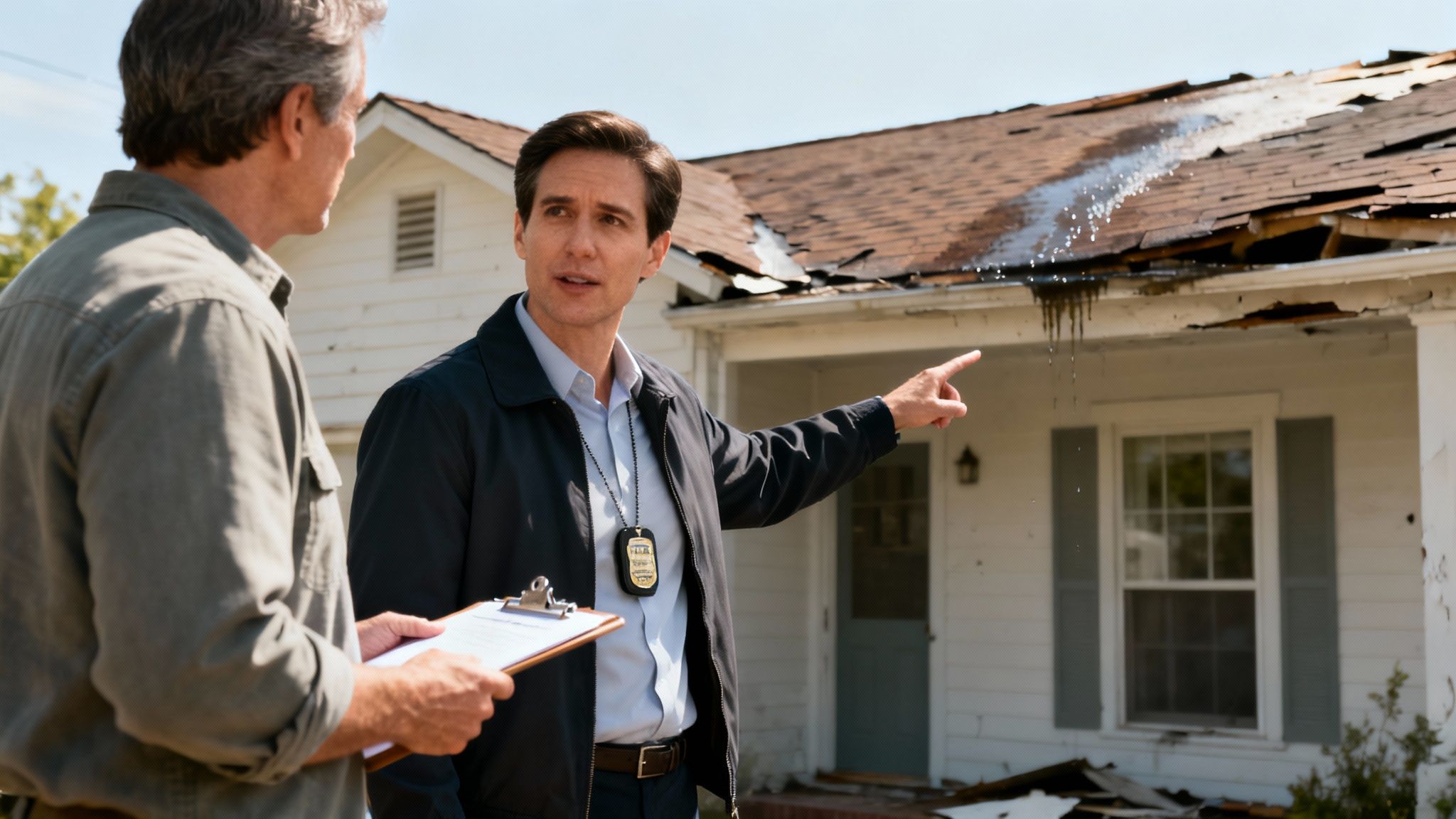 A frustrated homeowner reviewing a lowball insurance settlement offer for a damaged house from an insurer who doesn't understand what is a public adjuster.
