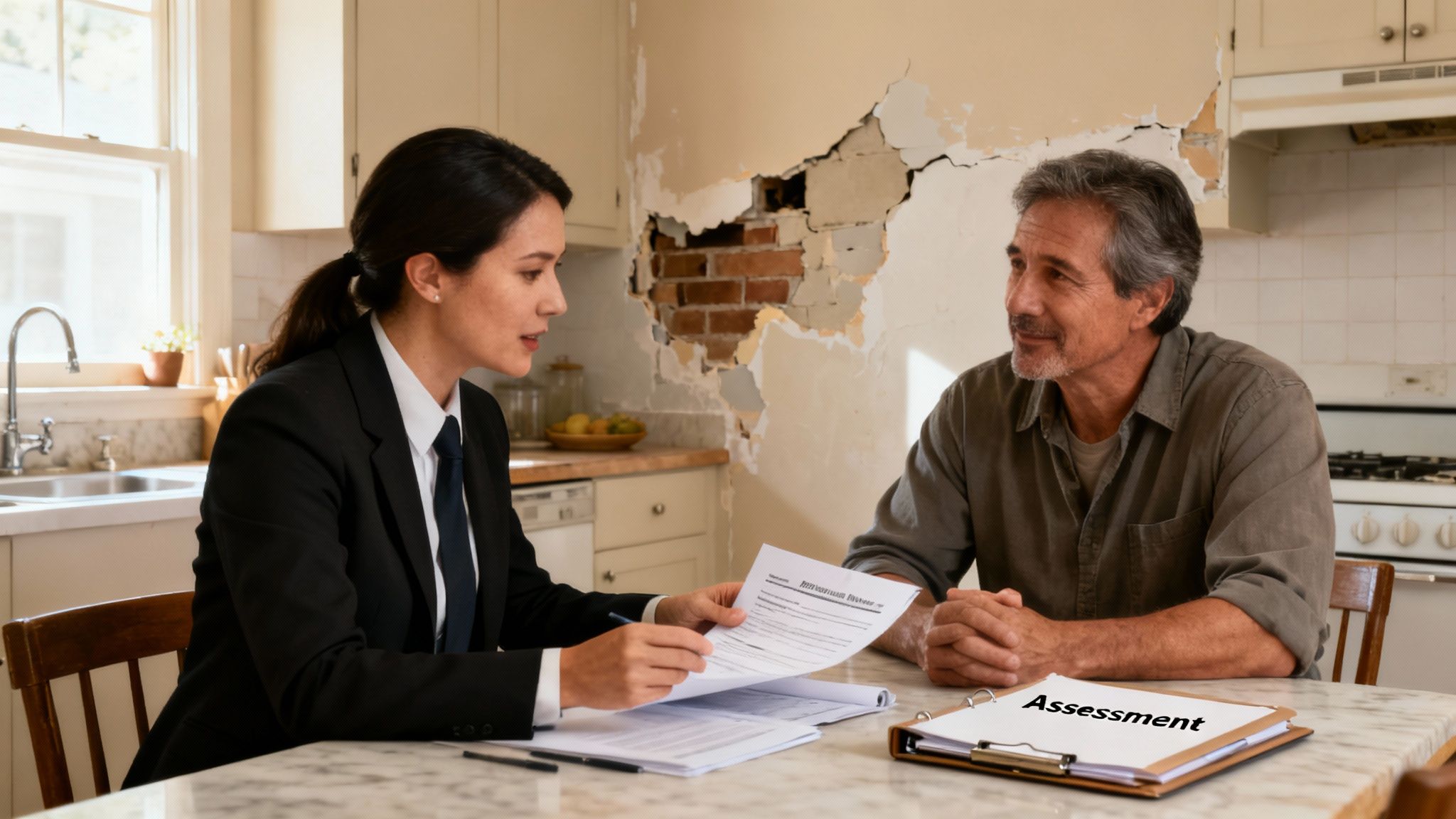 An insurance agent explains documents to a man in a kitchen with damaged walls, showing an assessment.