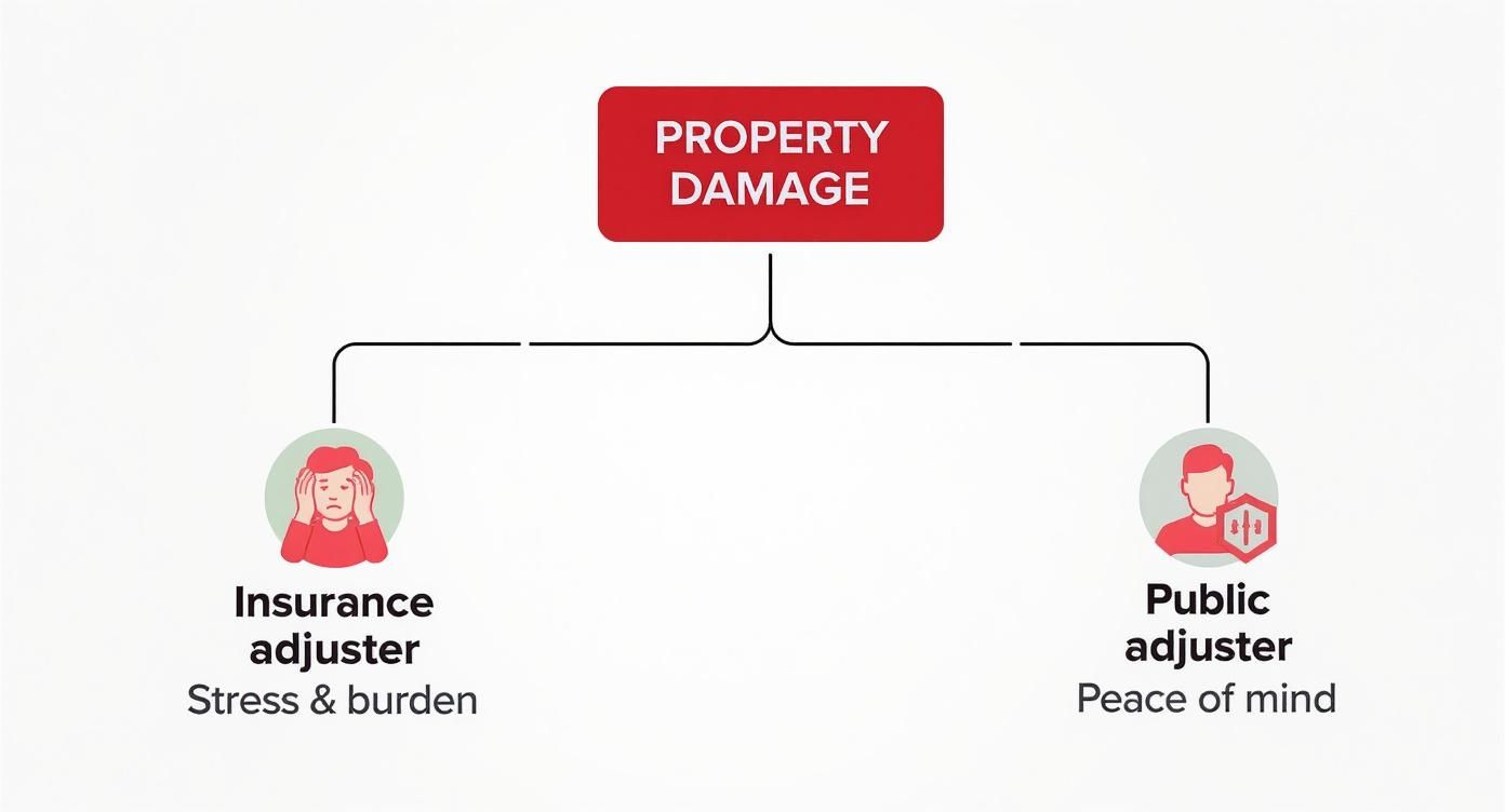 Infographic decision tree showing the different paths for an insurance adjuster vs public adjuster.