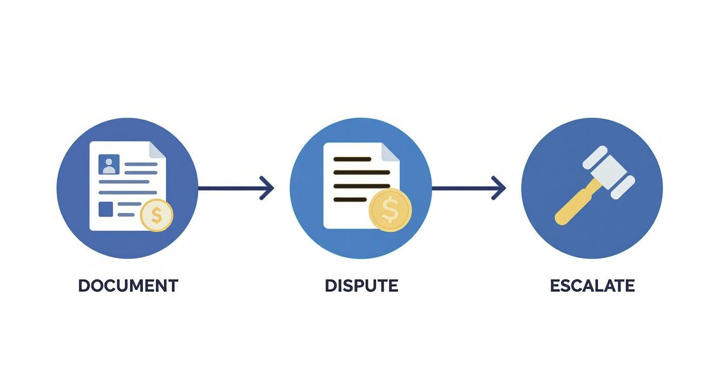 Infographic about the property damage claim dispute process, showing three steps: Document, Dispute, and Escalate.