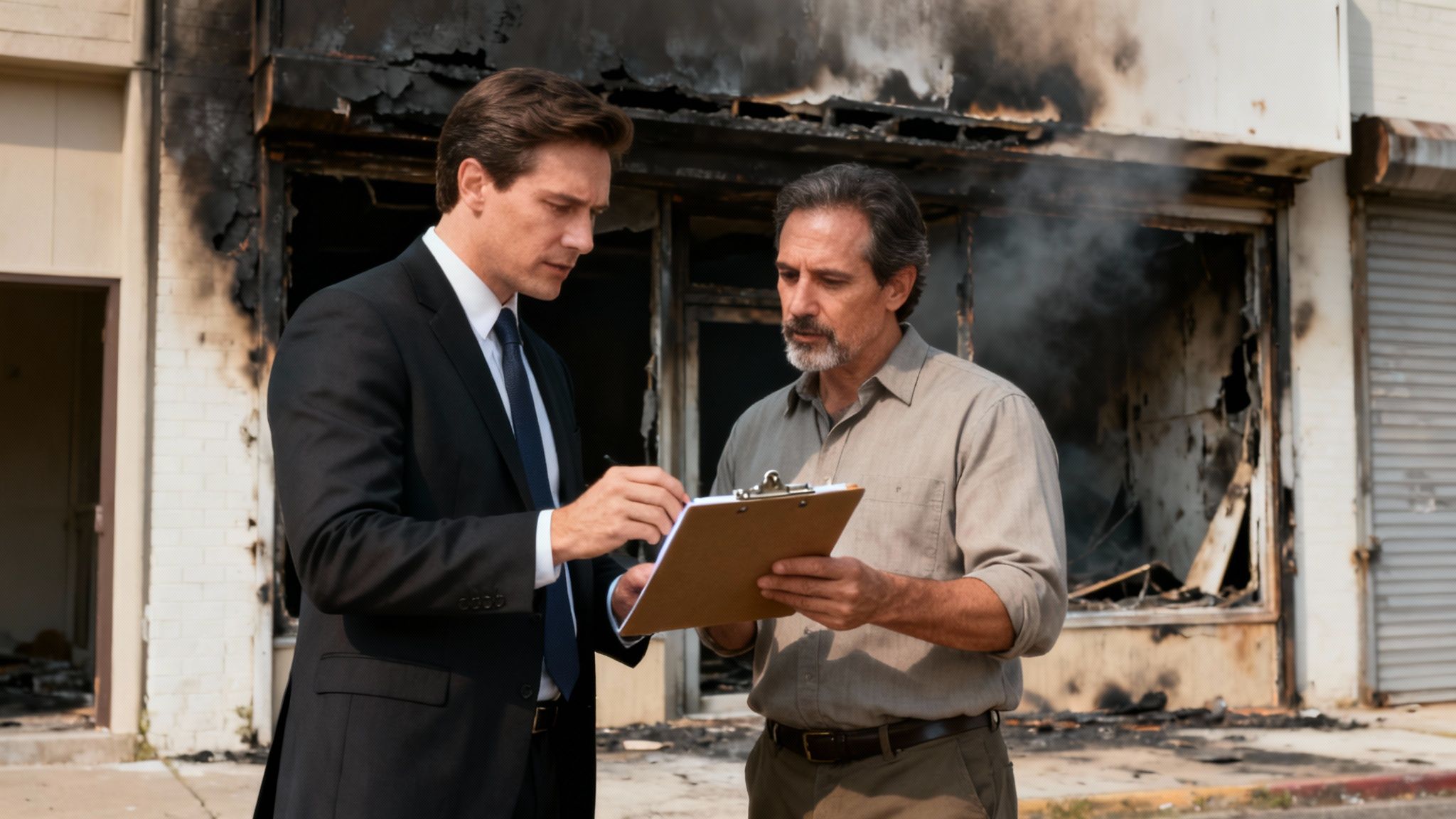 A public adjuster reviews documents while investigating a smoke-damaged building after a fire.