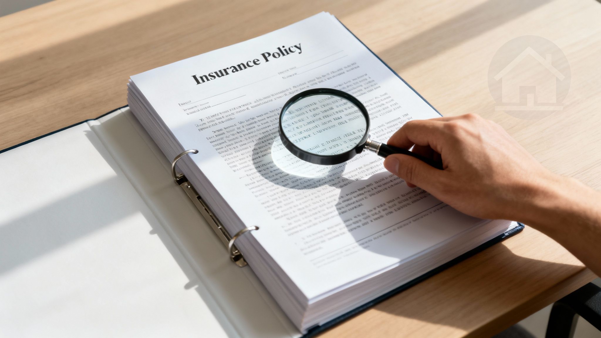 A person uses a magnifying glass to carefully read an insurance policy document in a binder on a wooden desk.