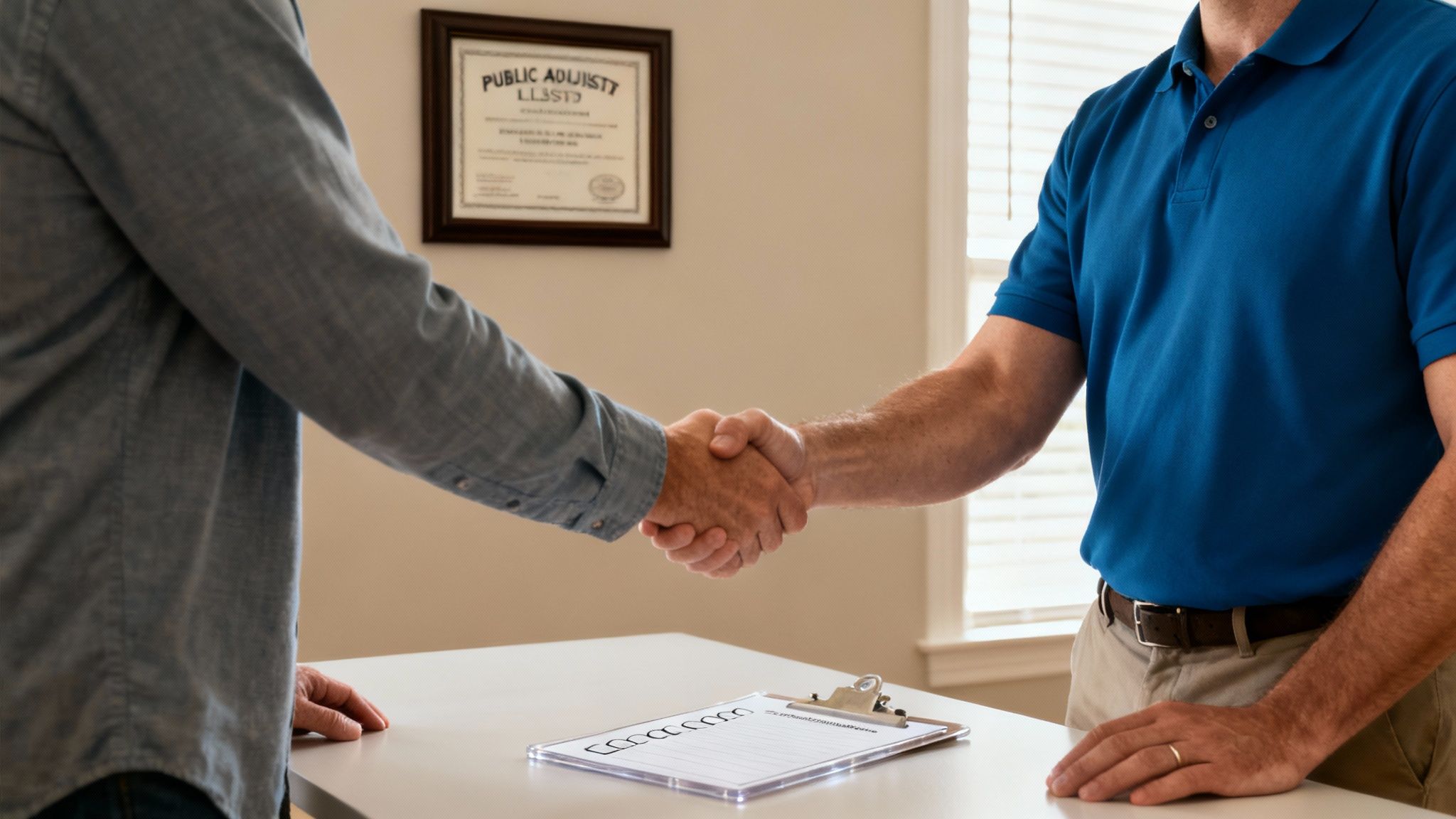 A public adjuster in a blue cobalt polo shirt reviewing documents with a homeowner in front of their fire-damaged house, ensuring they hire the right fire damage claim adjuster.